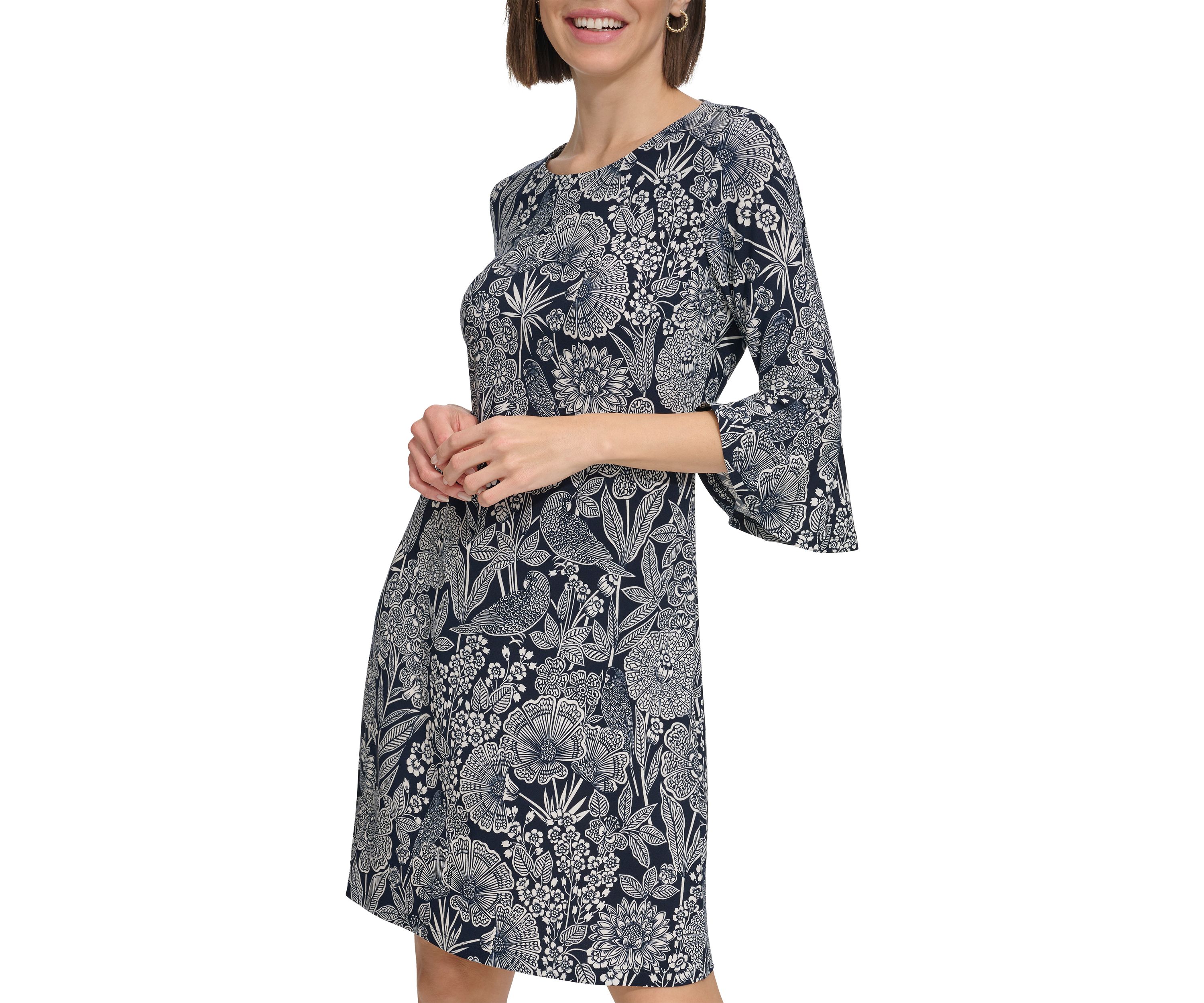 Womens Bell Sleeve Parakeet Park Jersey Shift Dress