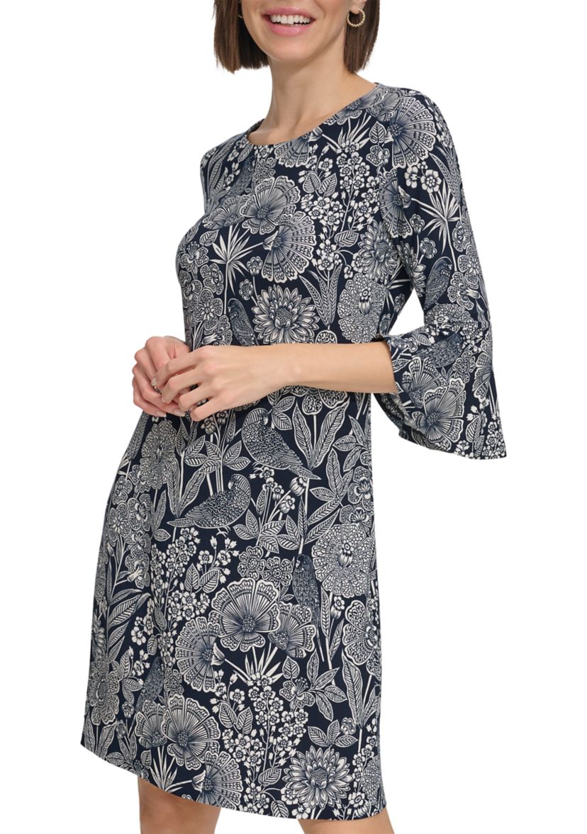 Womens Bell Sleeve Parakeet Park Jersey Shift Dress