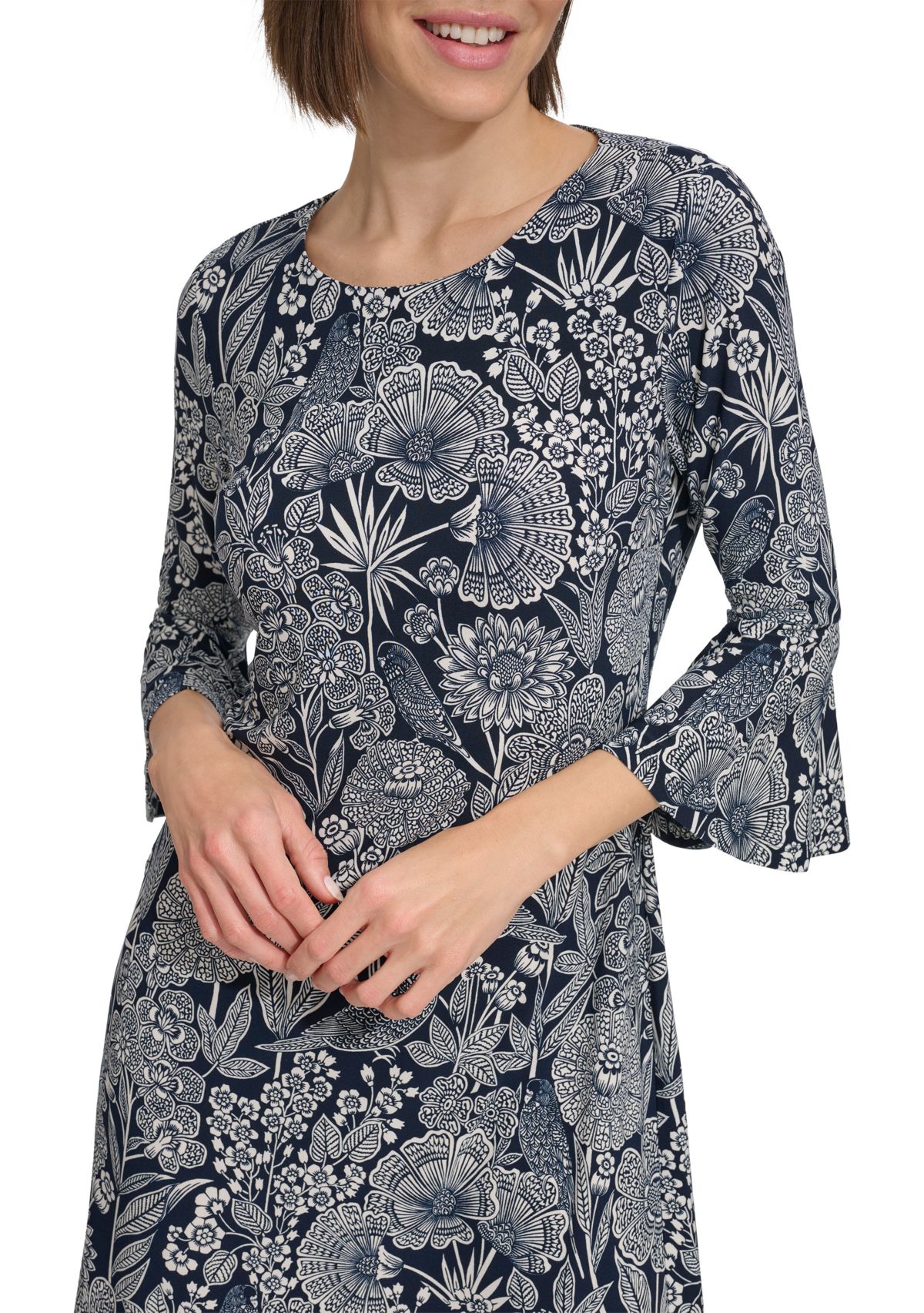 Womens Bell Sleeve Parakeet Park Jersey Shift Dress