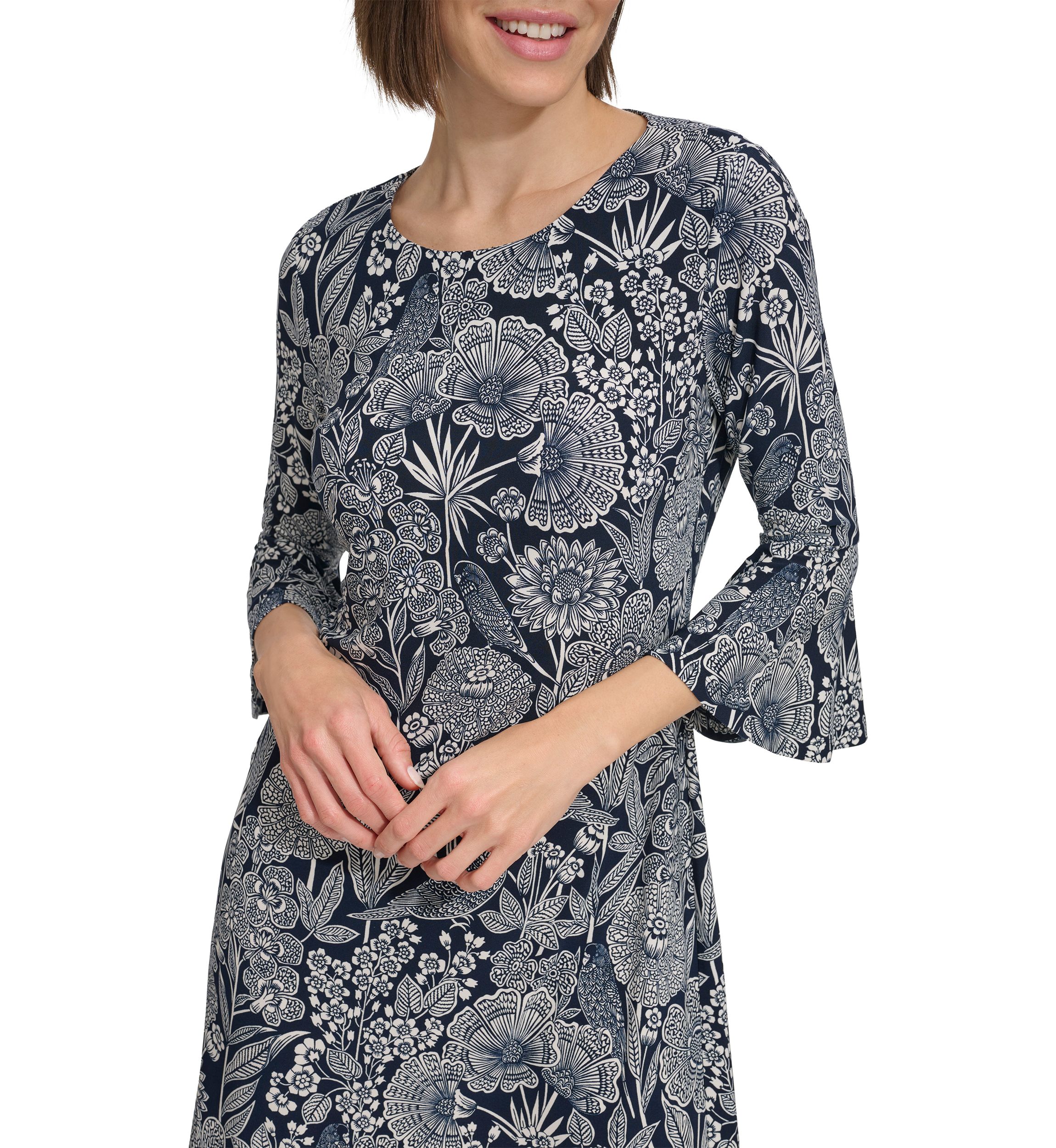 Womens Bell Sleeve Parakeet Park Jersey Shift Dress