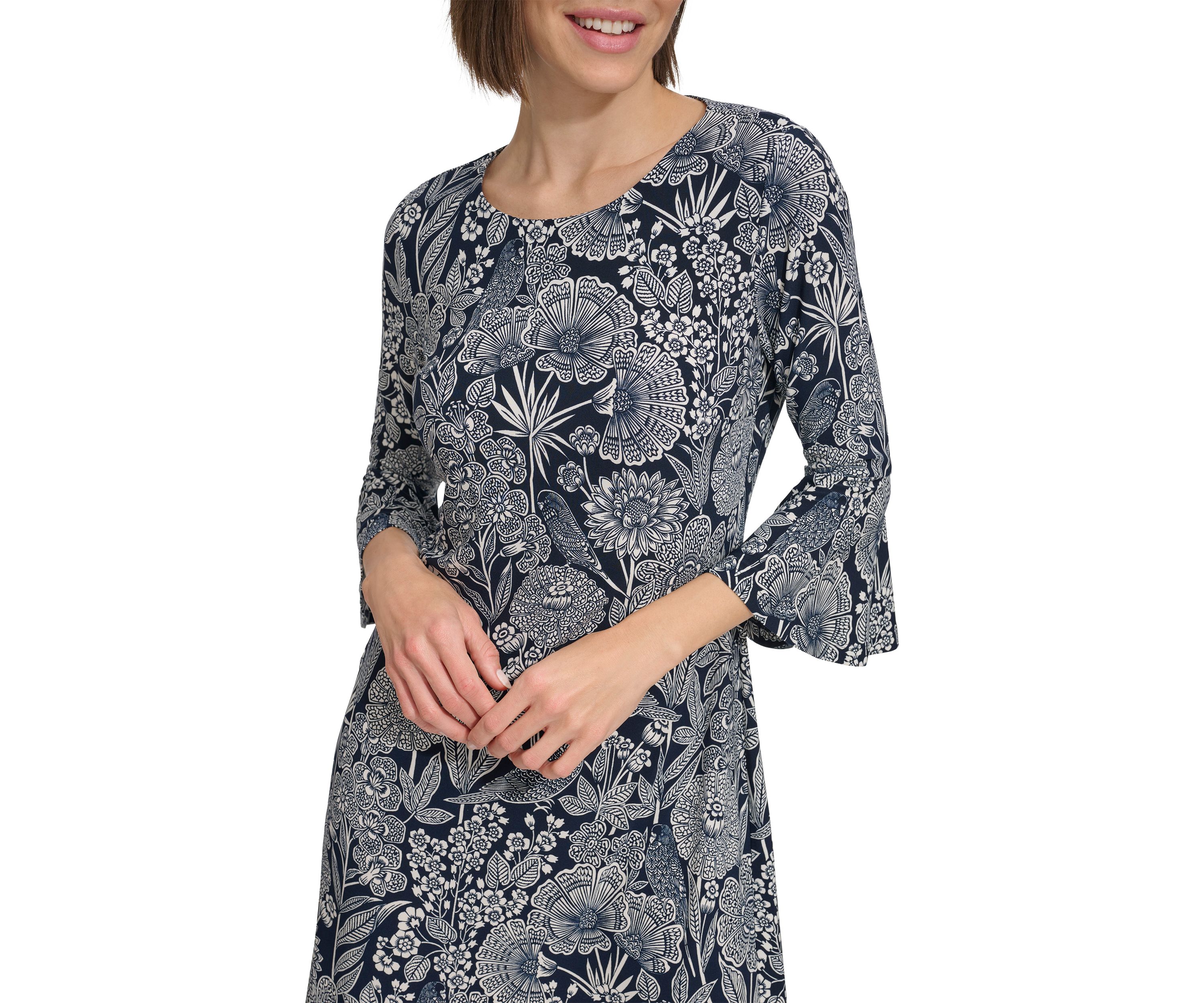 Womens Bell Sleeve Parakeet Park Jersey Shift Dress