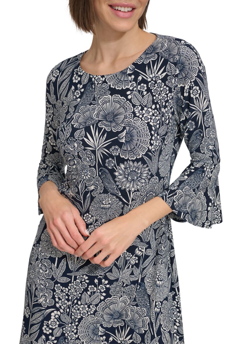 Womens Bell Sleeve Parakeet Park Jersey Shift Dress
