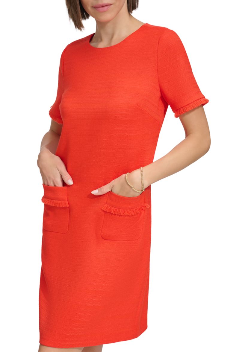 Womens Hopsack Fringe Trim A-line Dress