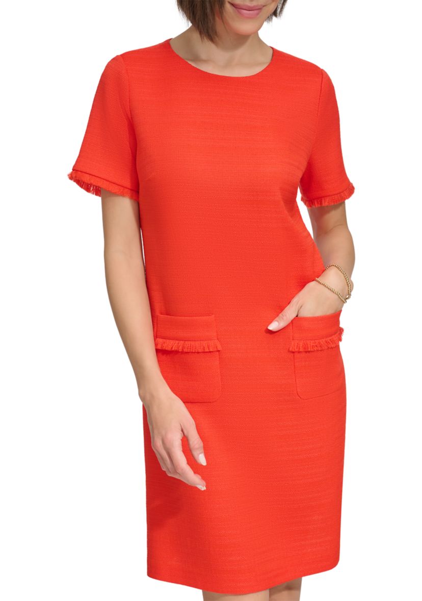 Womens Hopsack Fringe Trim A-line Dress