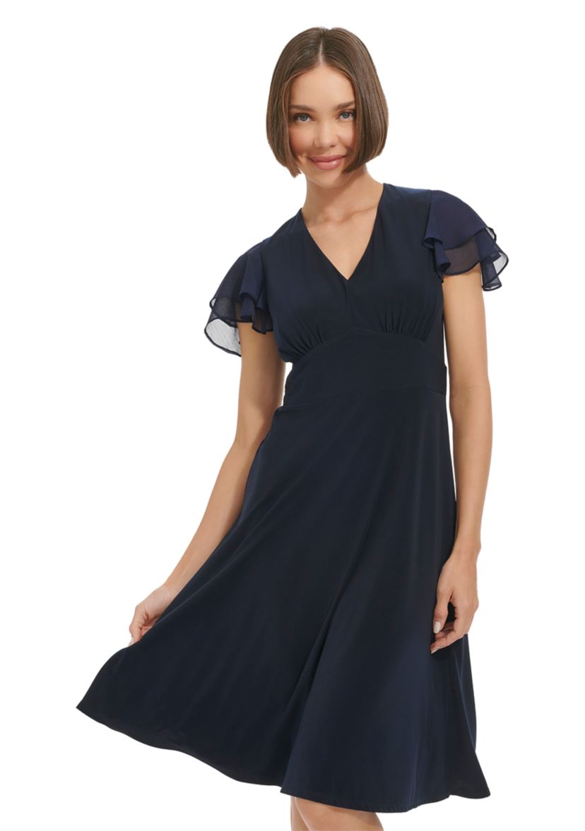 Womens Flutter Sleeve Jersey A-Line Dress