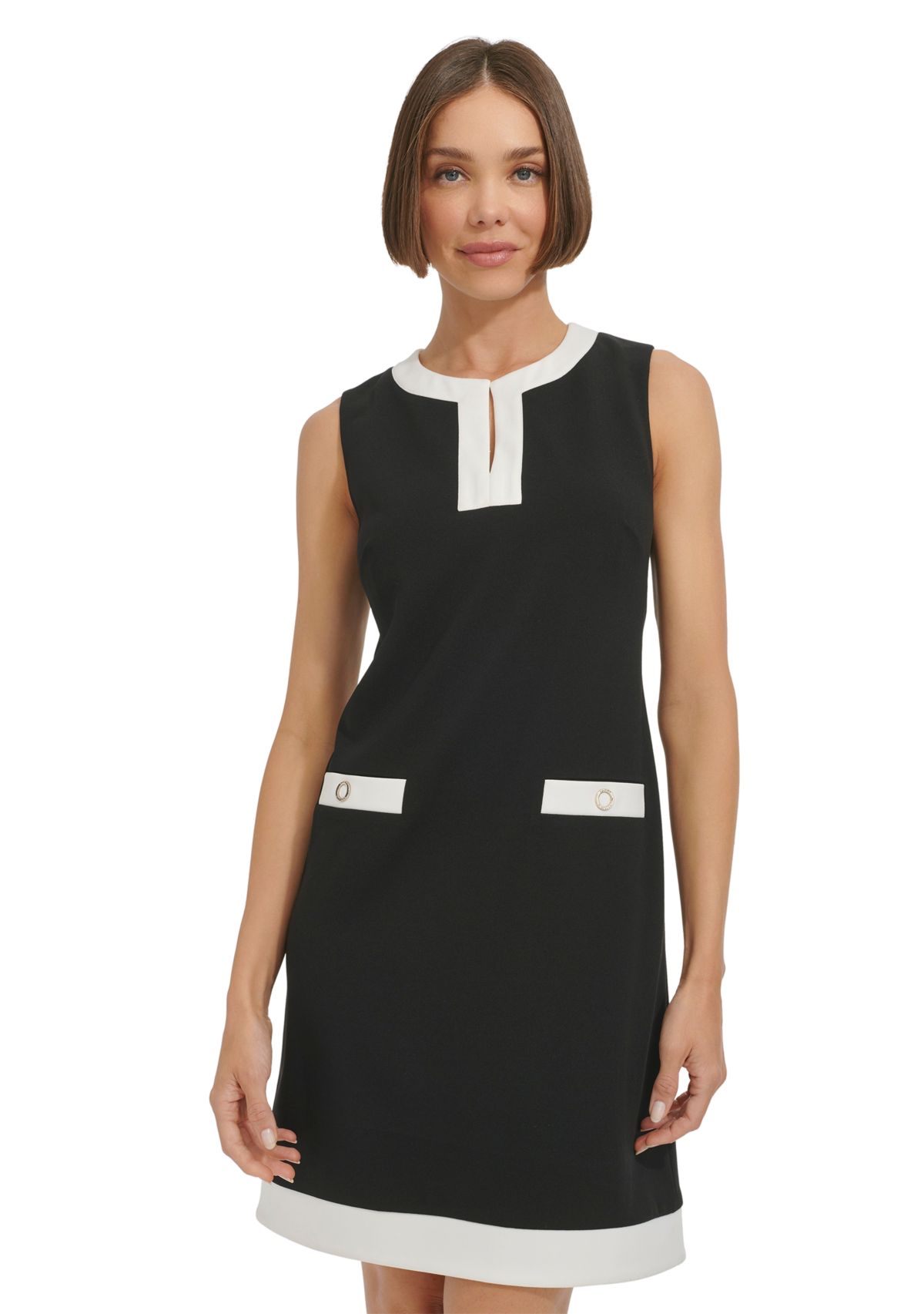 Womens Sleeveless V-Neck Solid Crepe Sheath Dress