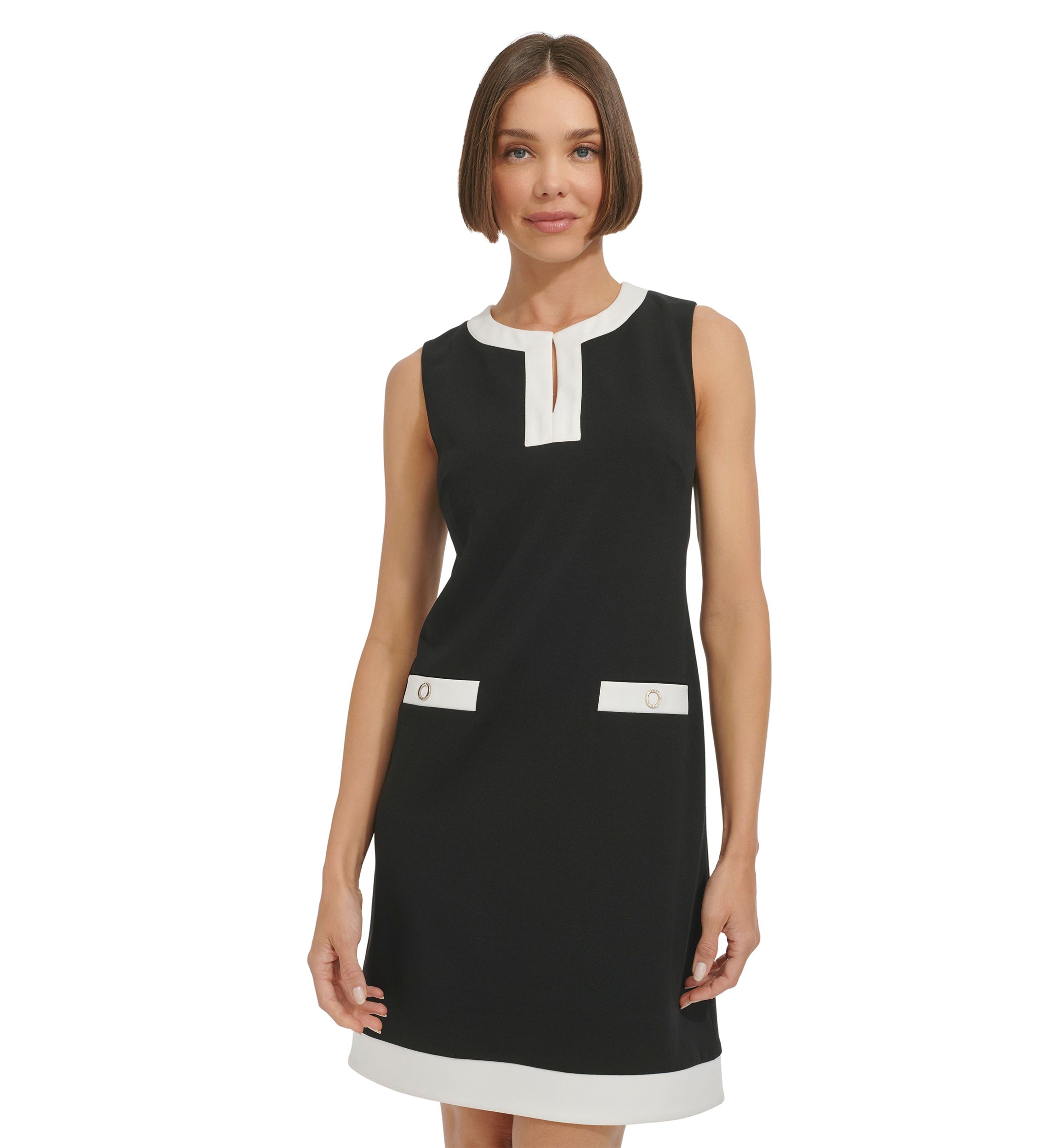 Womens Sleeveless V-Neck Solid Crepe Sheath Dress
