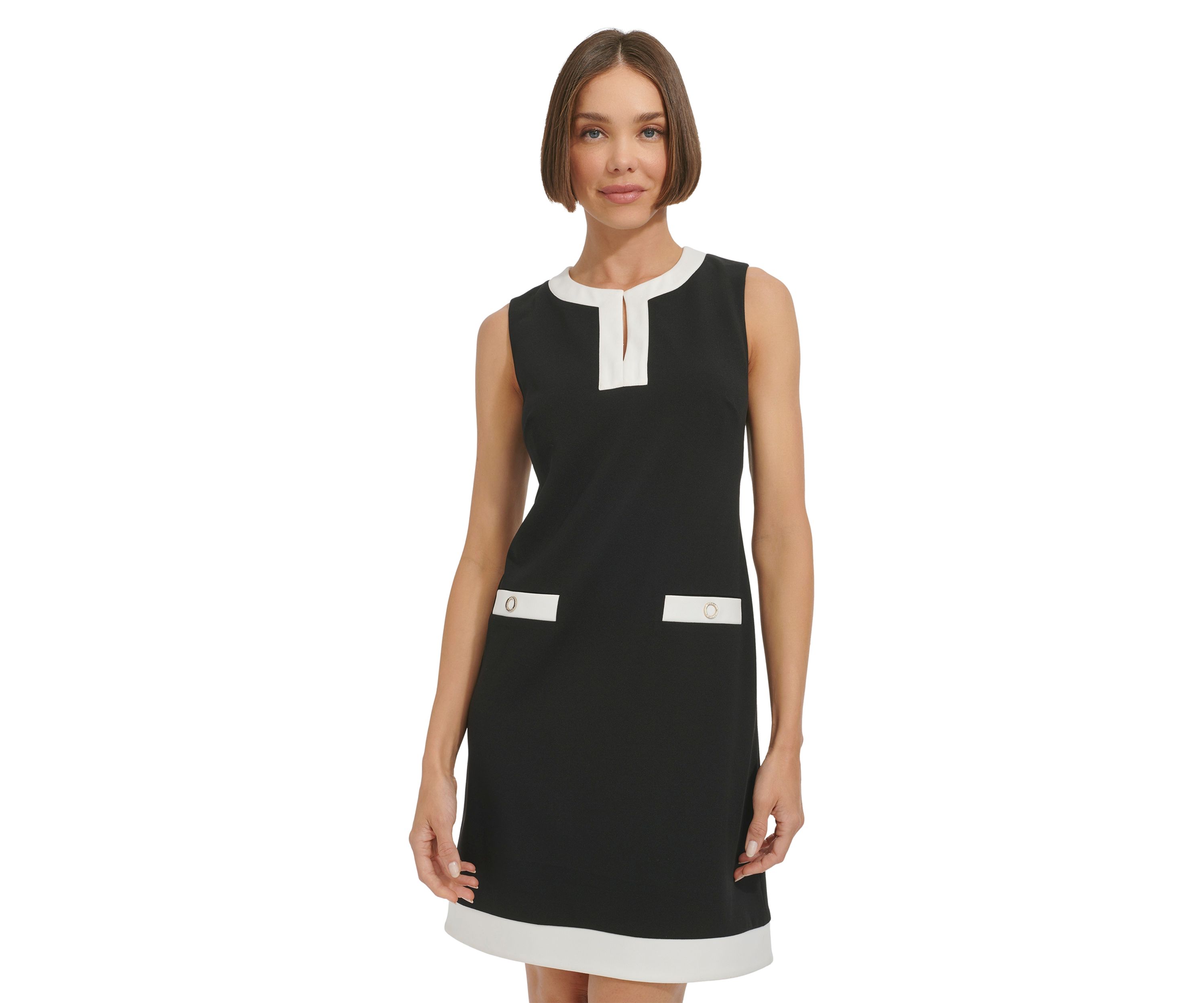 Womens Sleeveless V-Neck Solid Crepe Sheath Dress