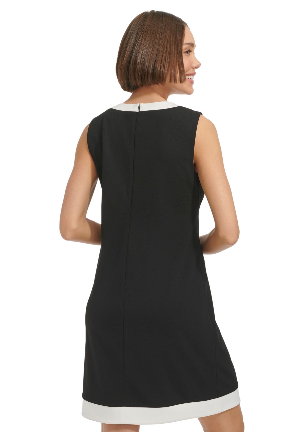 Womens Sleeveless V-Neck Solid Crepe Sheath Dress