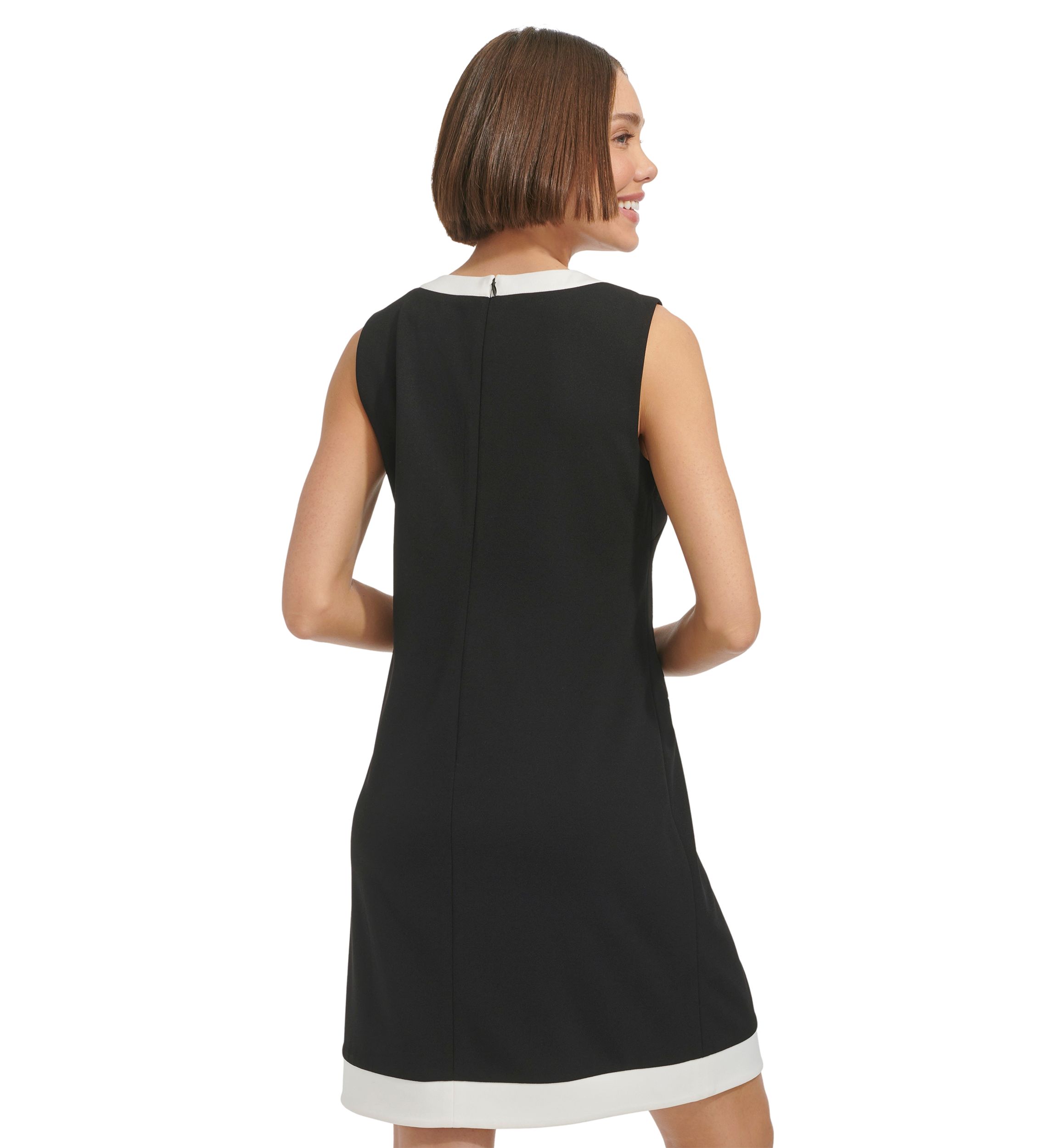 Womens Sleeveless V-Neck Solid Crepe Sheath Dress
