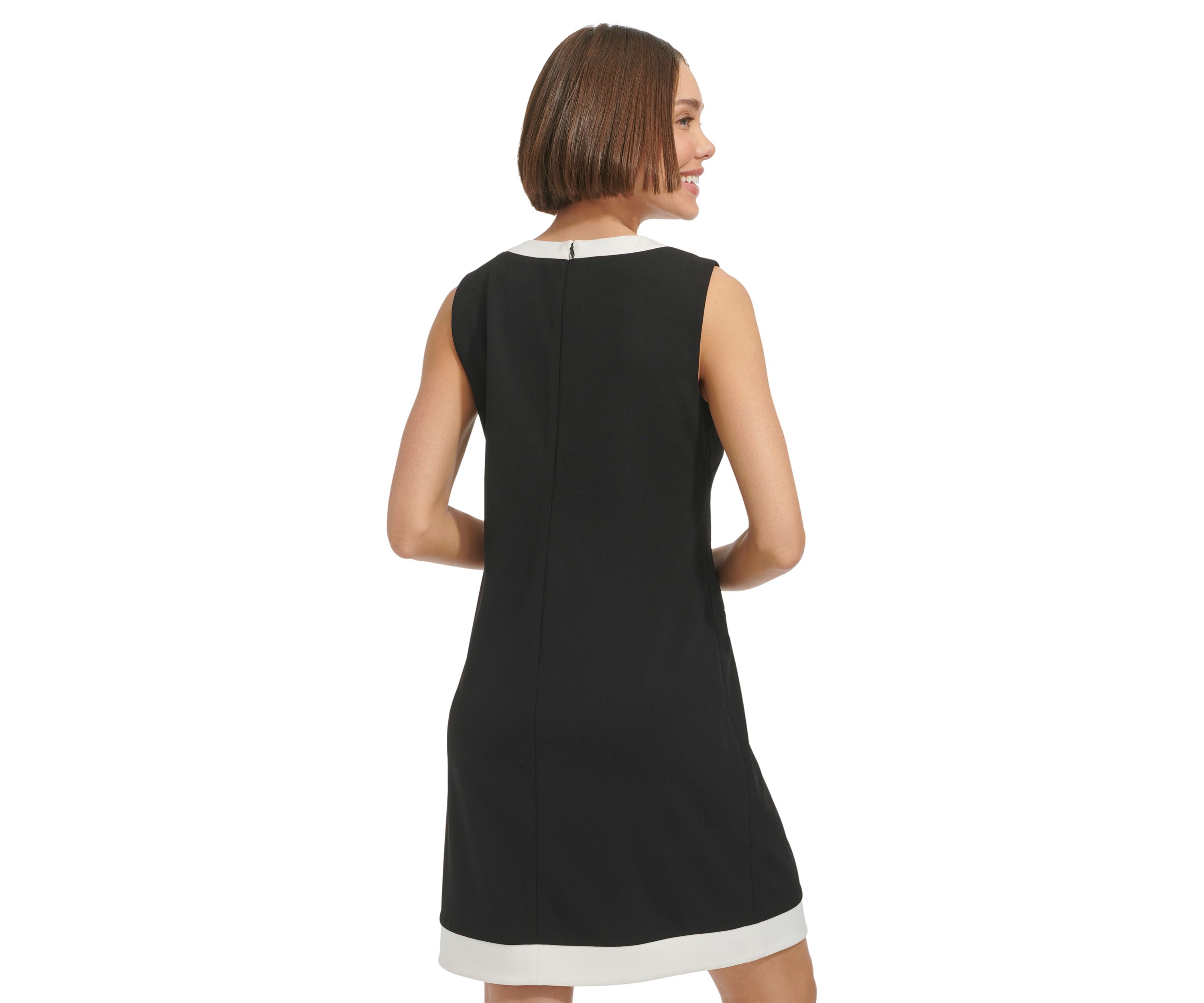 Womens Sleeveless V-Neck Solid Crepe Sheath Dress
