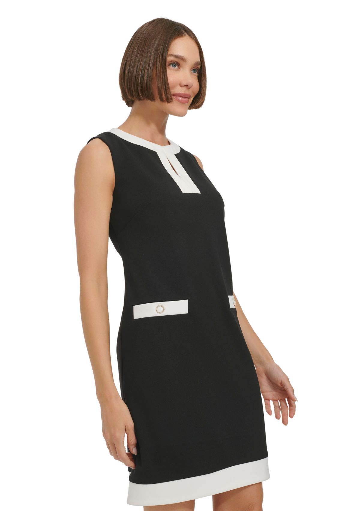 Womens Sleeveless V-Neck Solid Crepe Sheath Dress