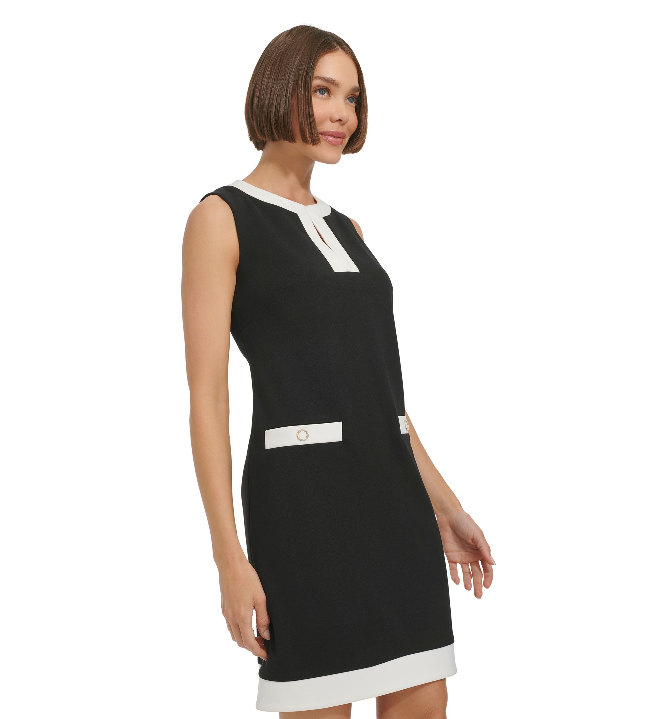 Womens Sleeveless V-Neck Solid Crepe Sheath Dress