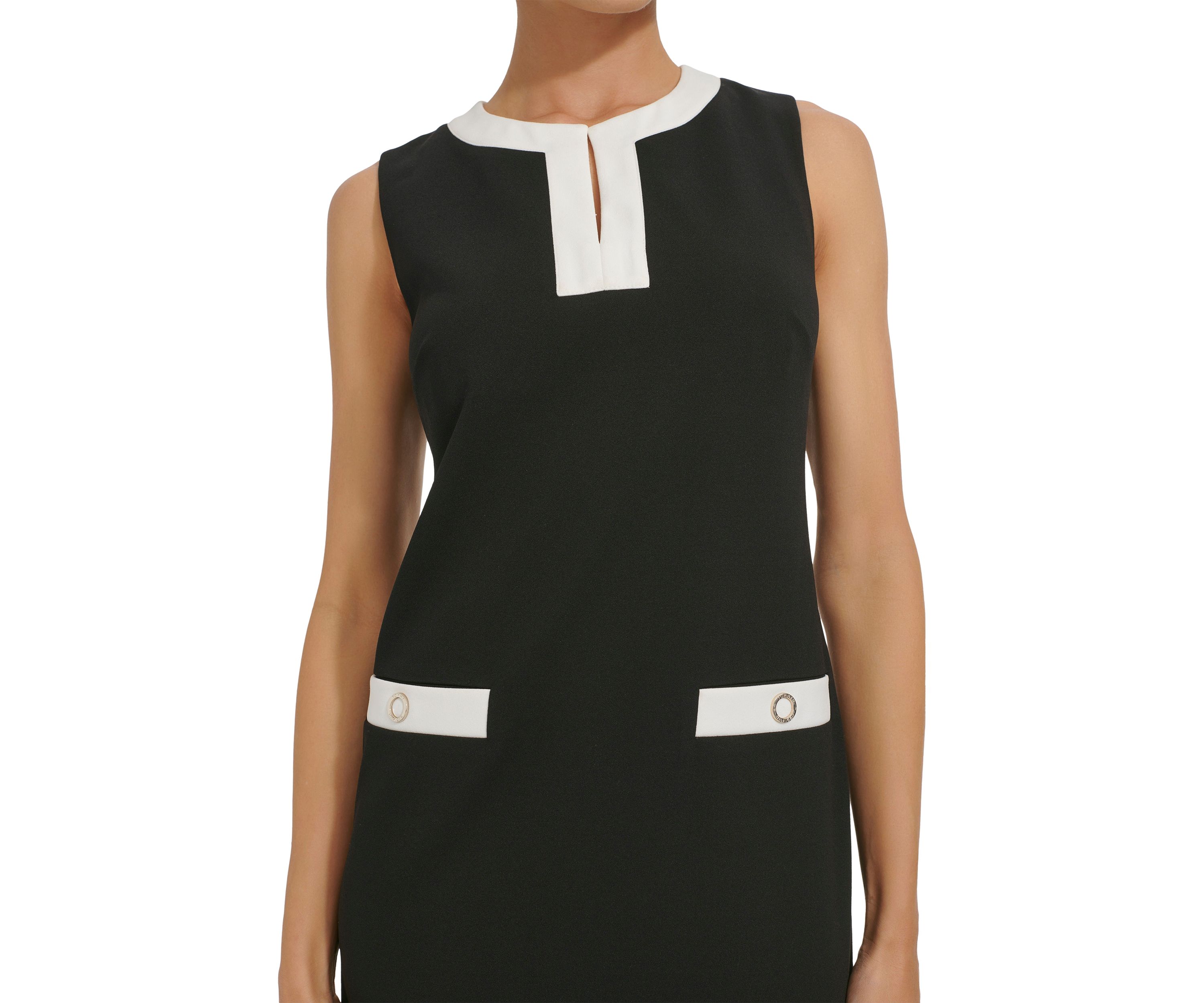 Womens Sleeveless V-Neck Solid Crepe Sheath Dress