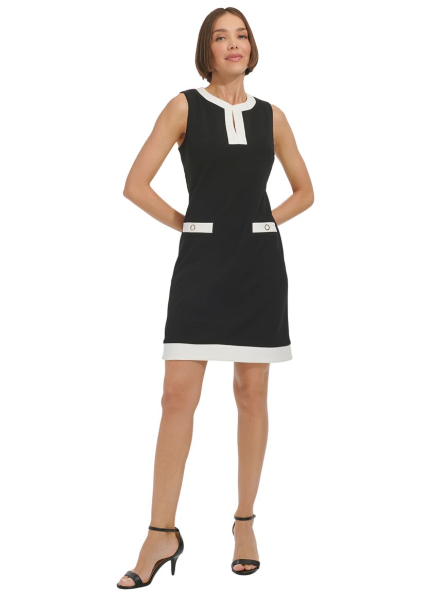 Womens Sleeveless V-Neck Solid Crepe Sheath Dress