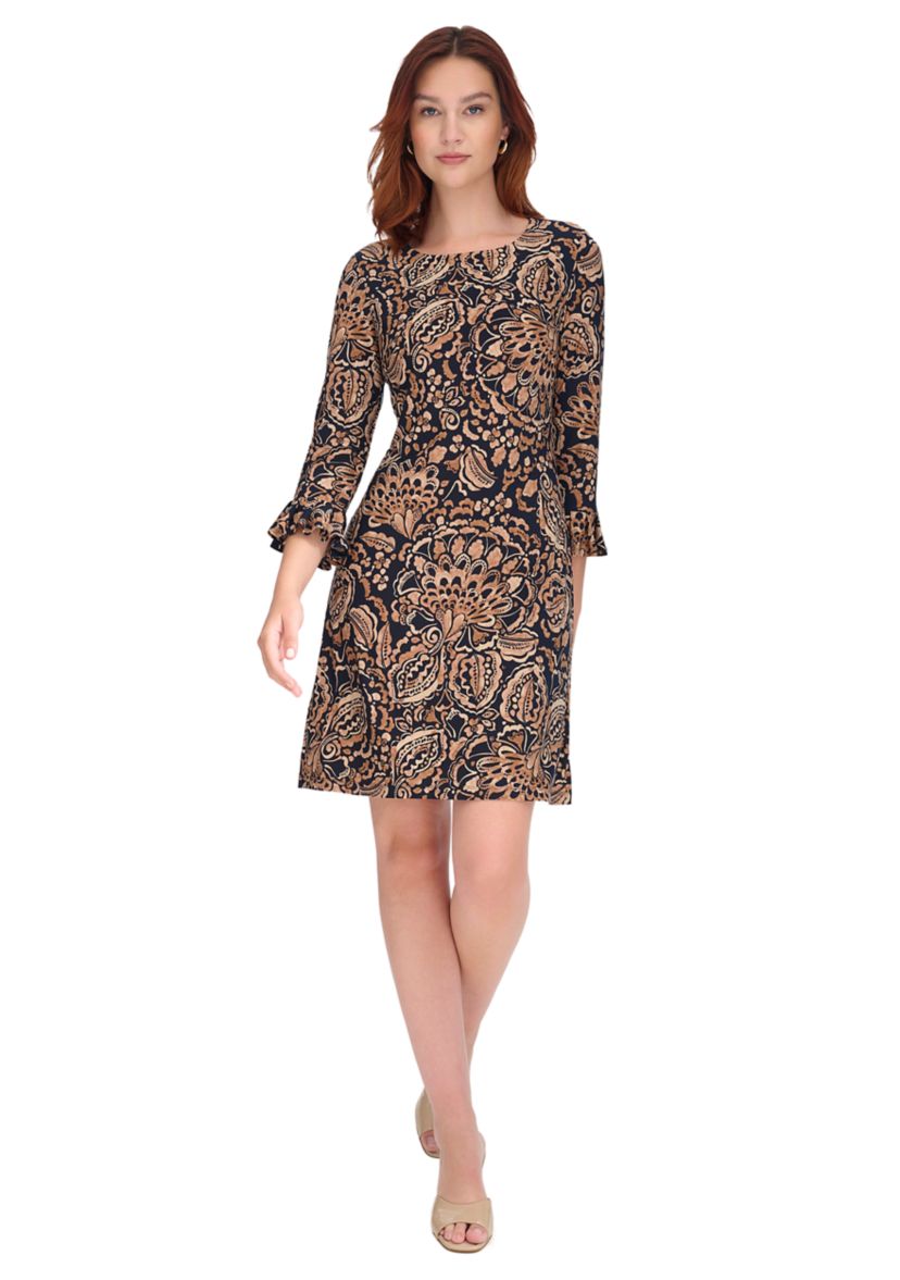 Womens 3/4 Sleeve Pleat Cuff Printed Jersey Shift Dress