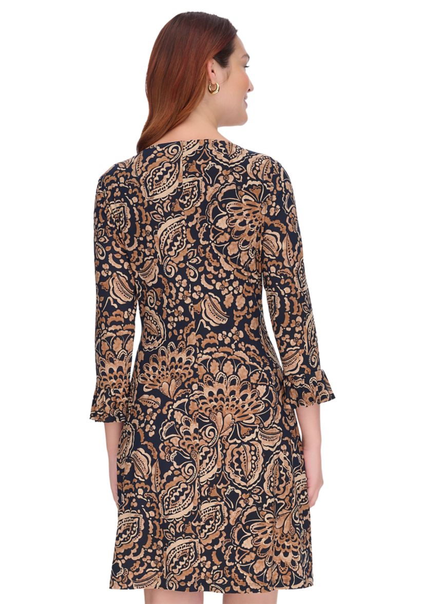 Womens 3/4 Sleeve Pleat Cuff Printed Jersey Shift Dress