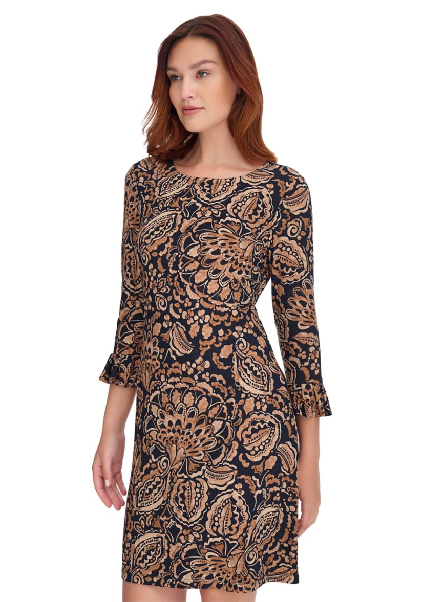 Womens 3/4 Sleeve Pleat Cuff Printed Jersey Shift Dress