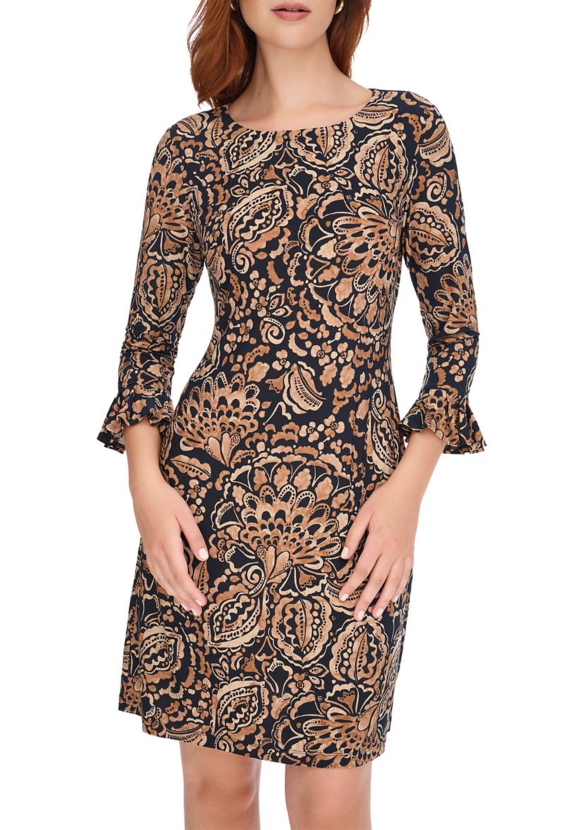Womens 3/4 Sleeve Pleat Cuff Printed Jersey Shift Dress