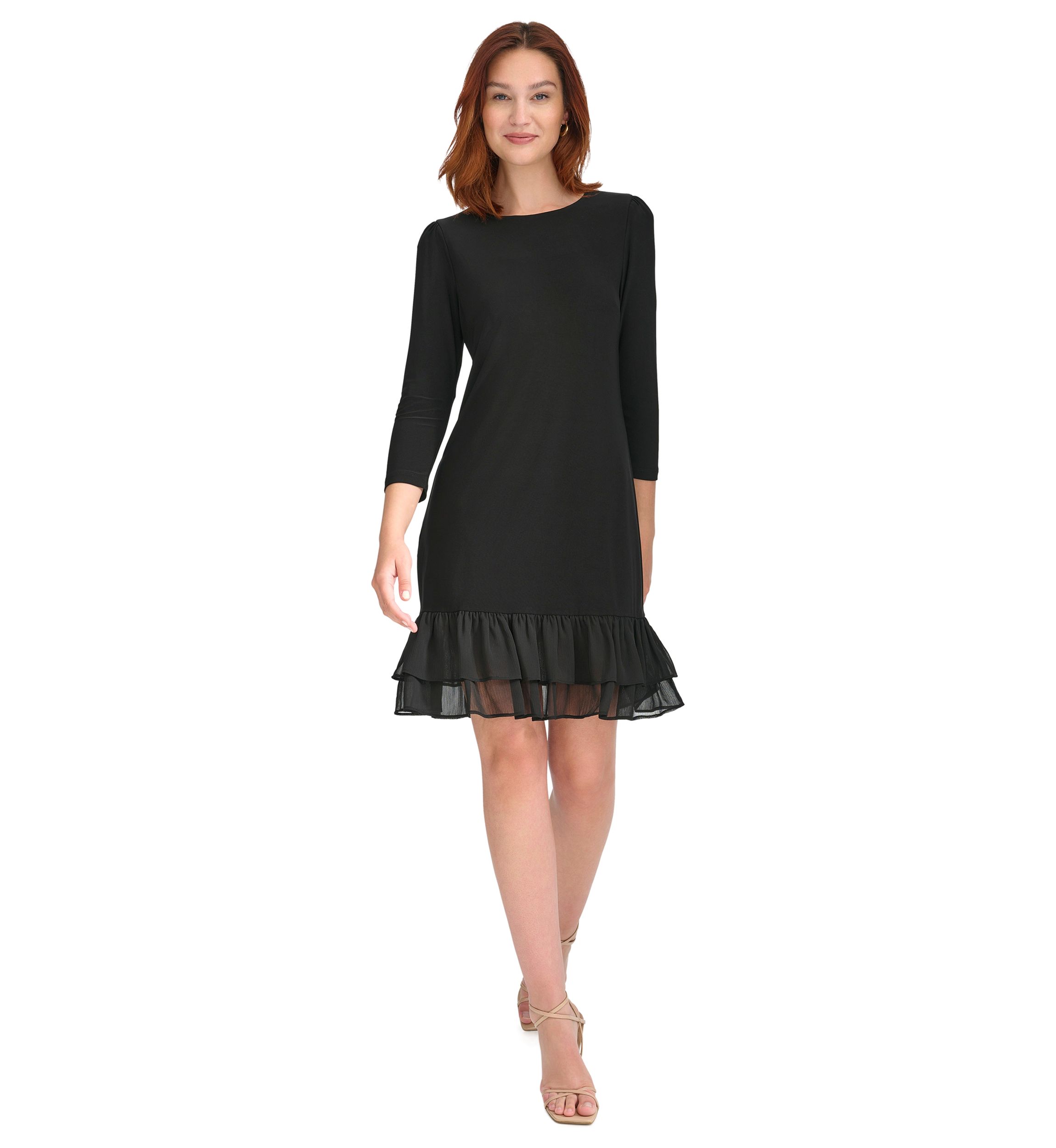 Womens 3/4 Sleeve Jersey Shift Dress with Chiffon Ruffle Hem