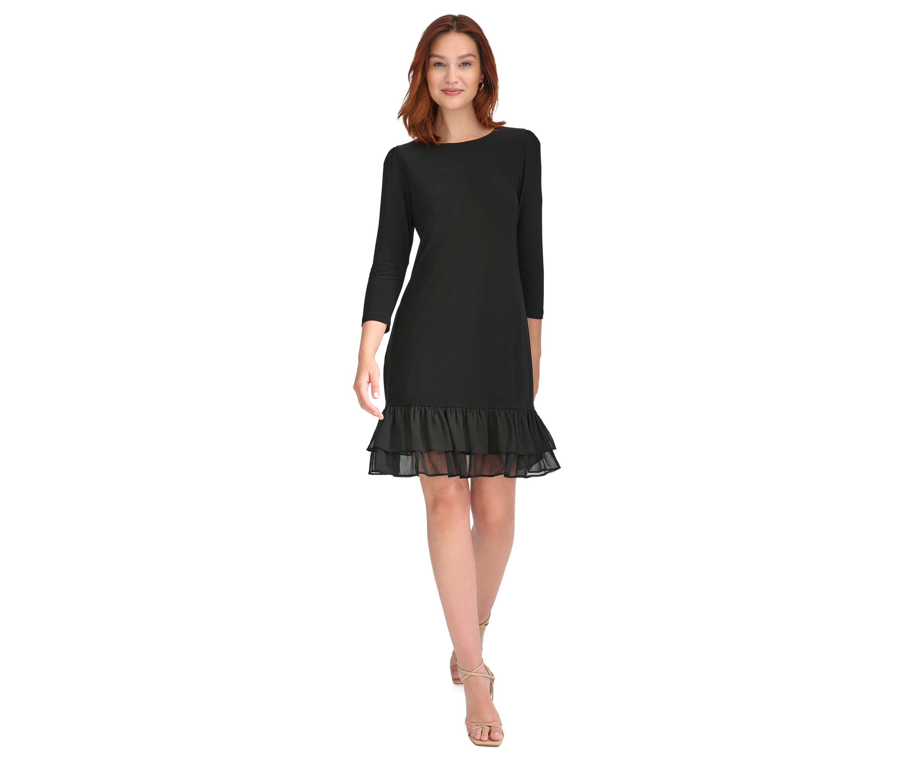 Womens 3/4 Sleeve Jersey Shift Dress with Chiffon Ruffle Hem