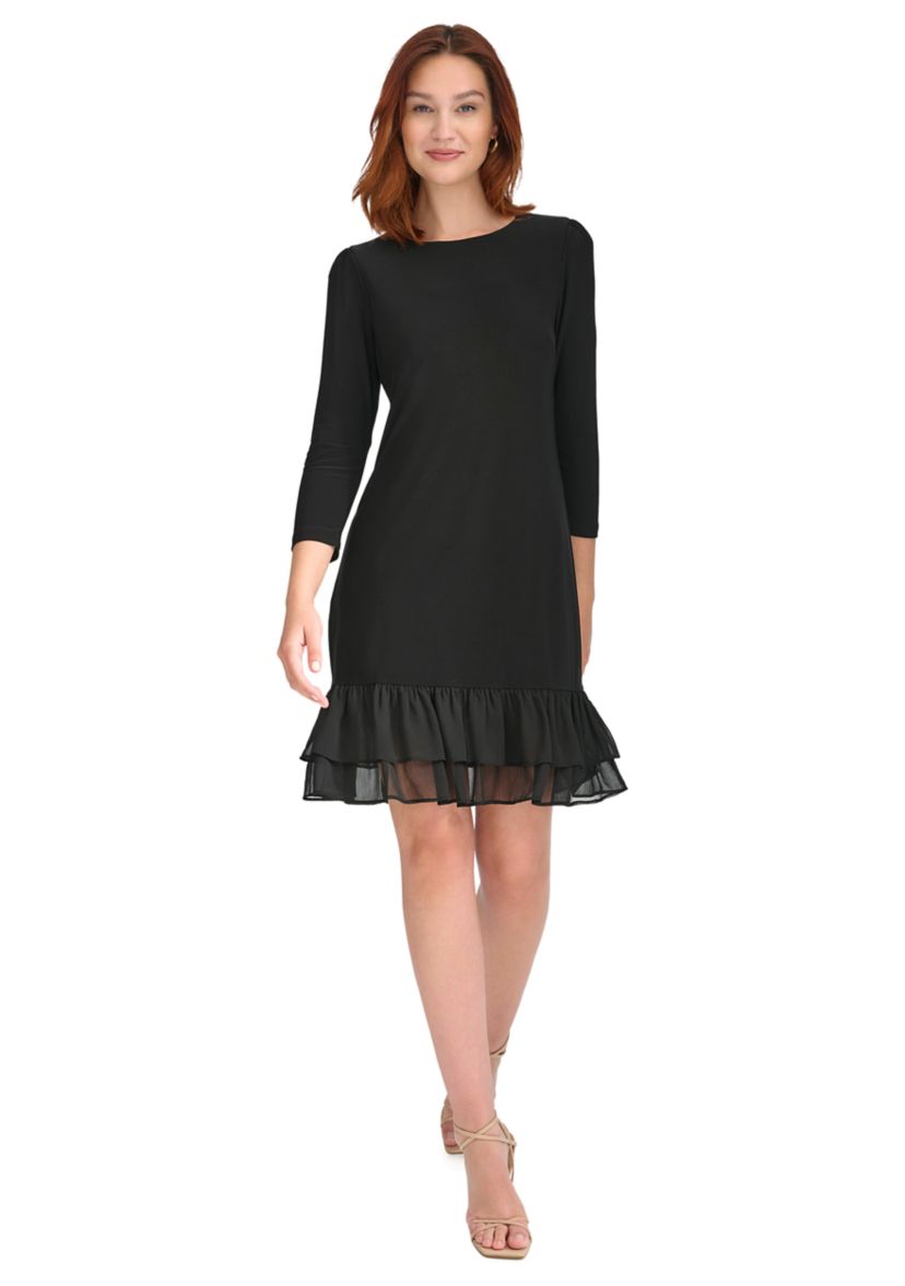 Womens 3/4 Sleeve Jersey Shift Dress with Chiffon Ruffle Hem