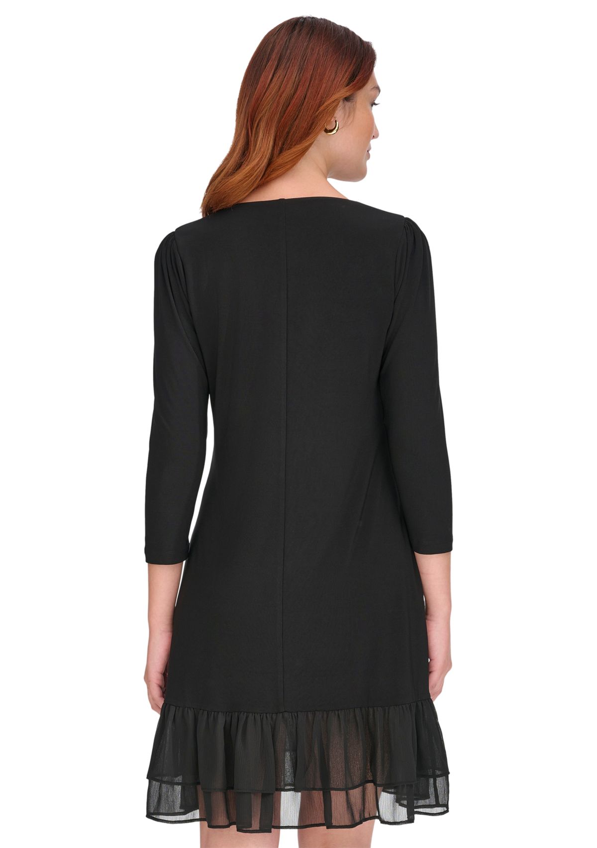 Womens 3/4 Sleeve Jersey Shift Dress with Chiffon Ruffle Hem