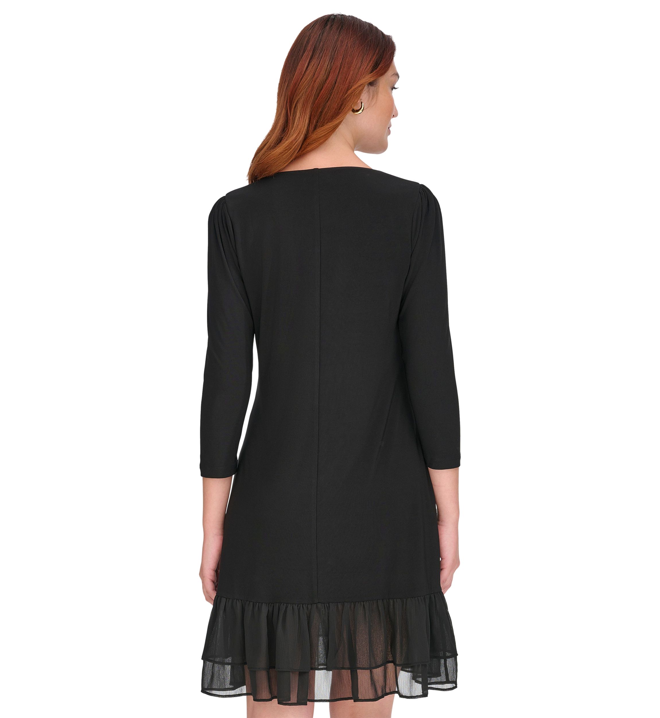 Womens 3/4 Sleeve Jersey Shift Dress with Chiffon Ruffle Hem