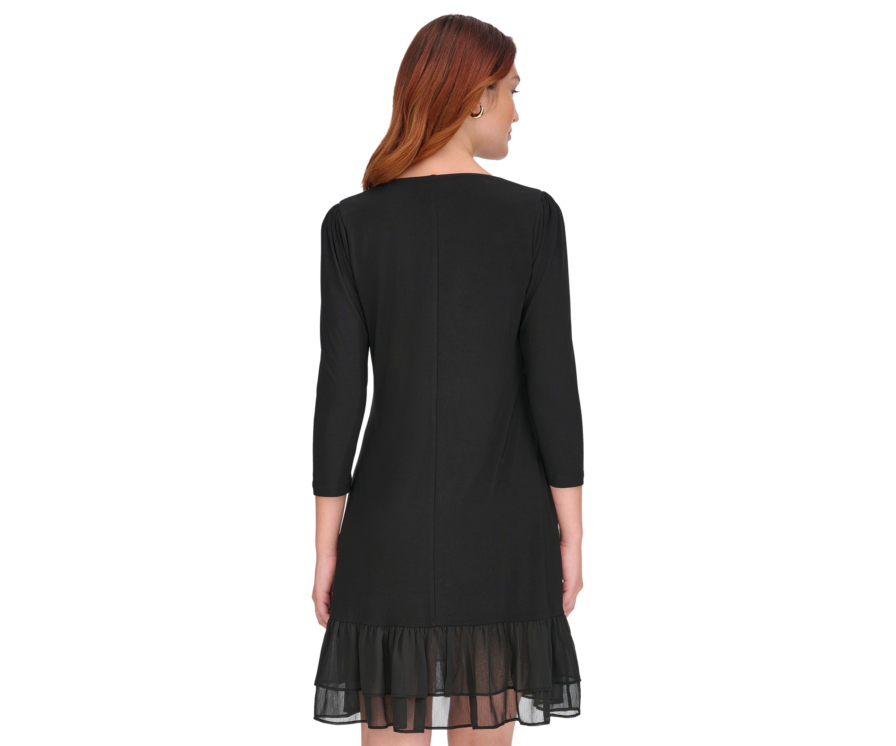 Womens 3/4 Sleeve Jersey Shift Dress with Chiffon Ruffle Hem