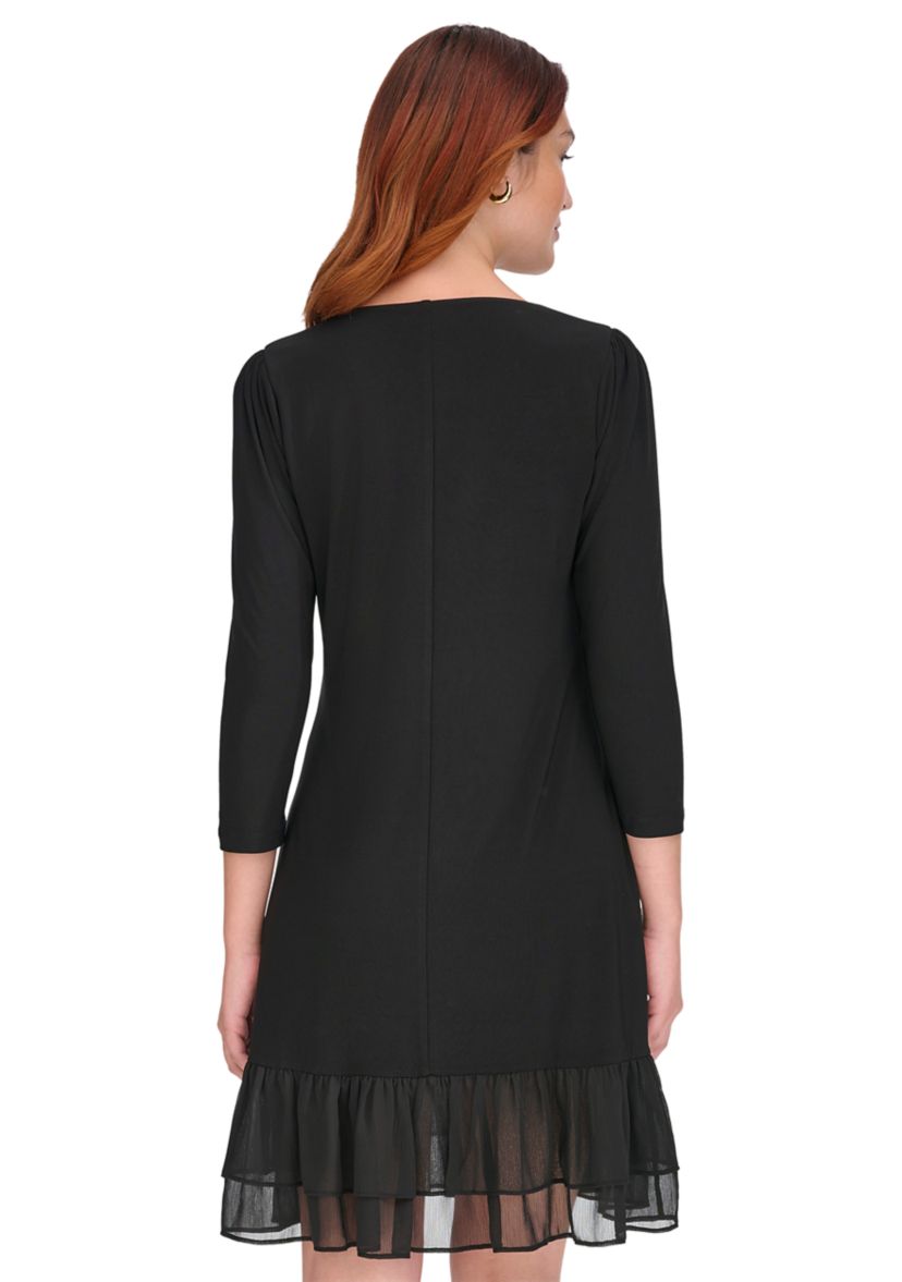 Womens 3/4 Sleeve Jersey Shift Dress with Chiffon Ruffle Hem