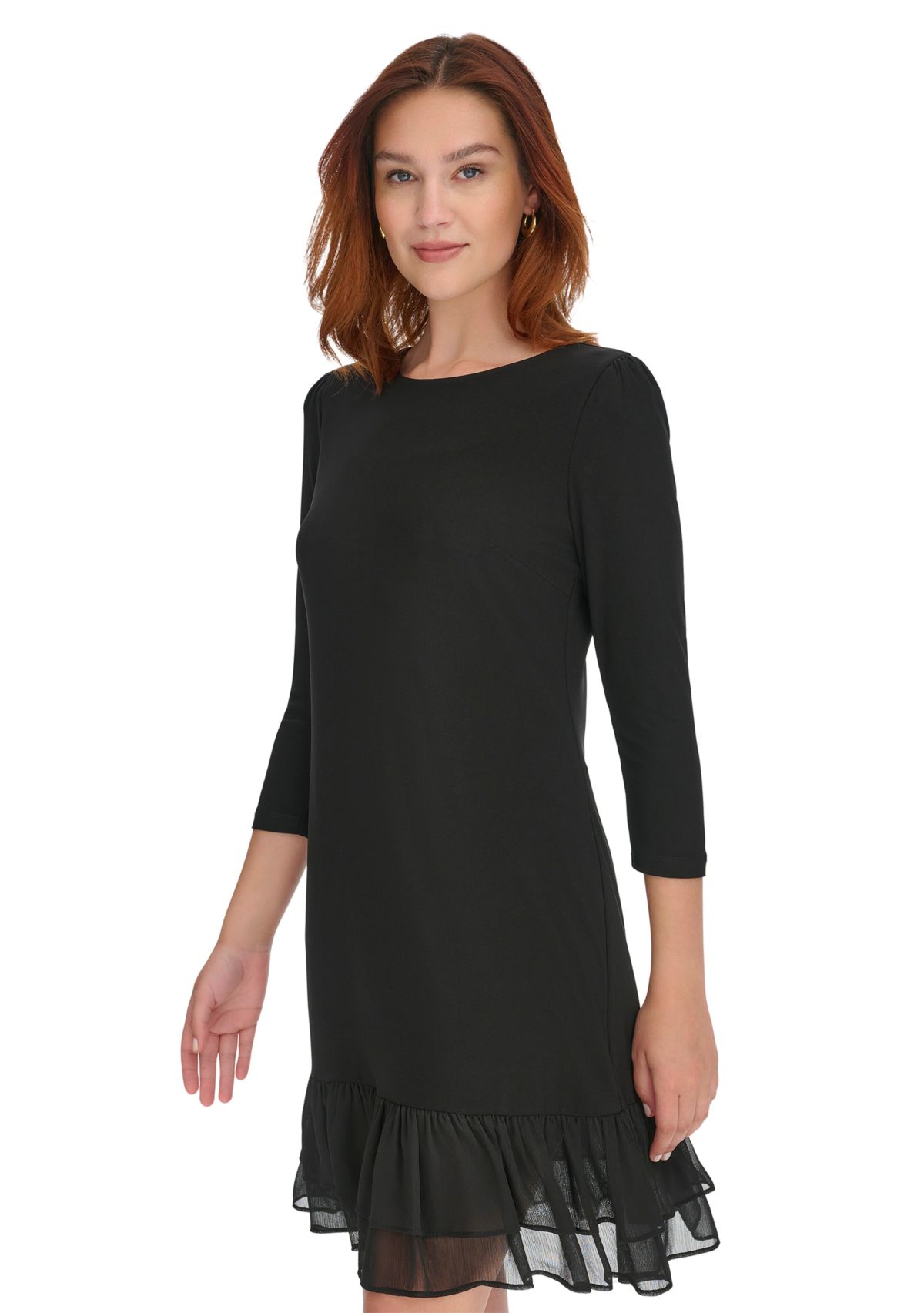 Womens 3/4 Sleeve Jersey Shift Dress with Chiffon Ruffle Hem