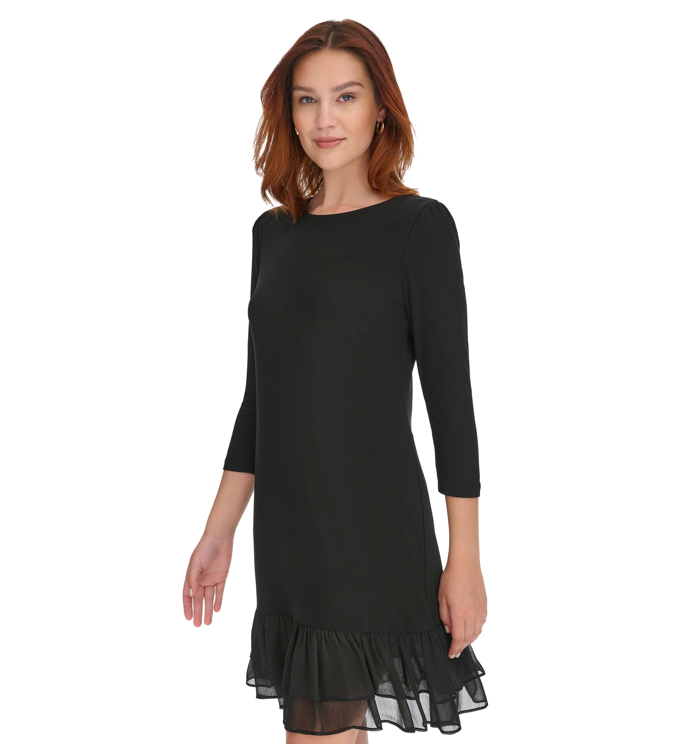 Womens 3/4 Sleeve Jersey Shift Dress with Chiffon Ruffle Hem