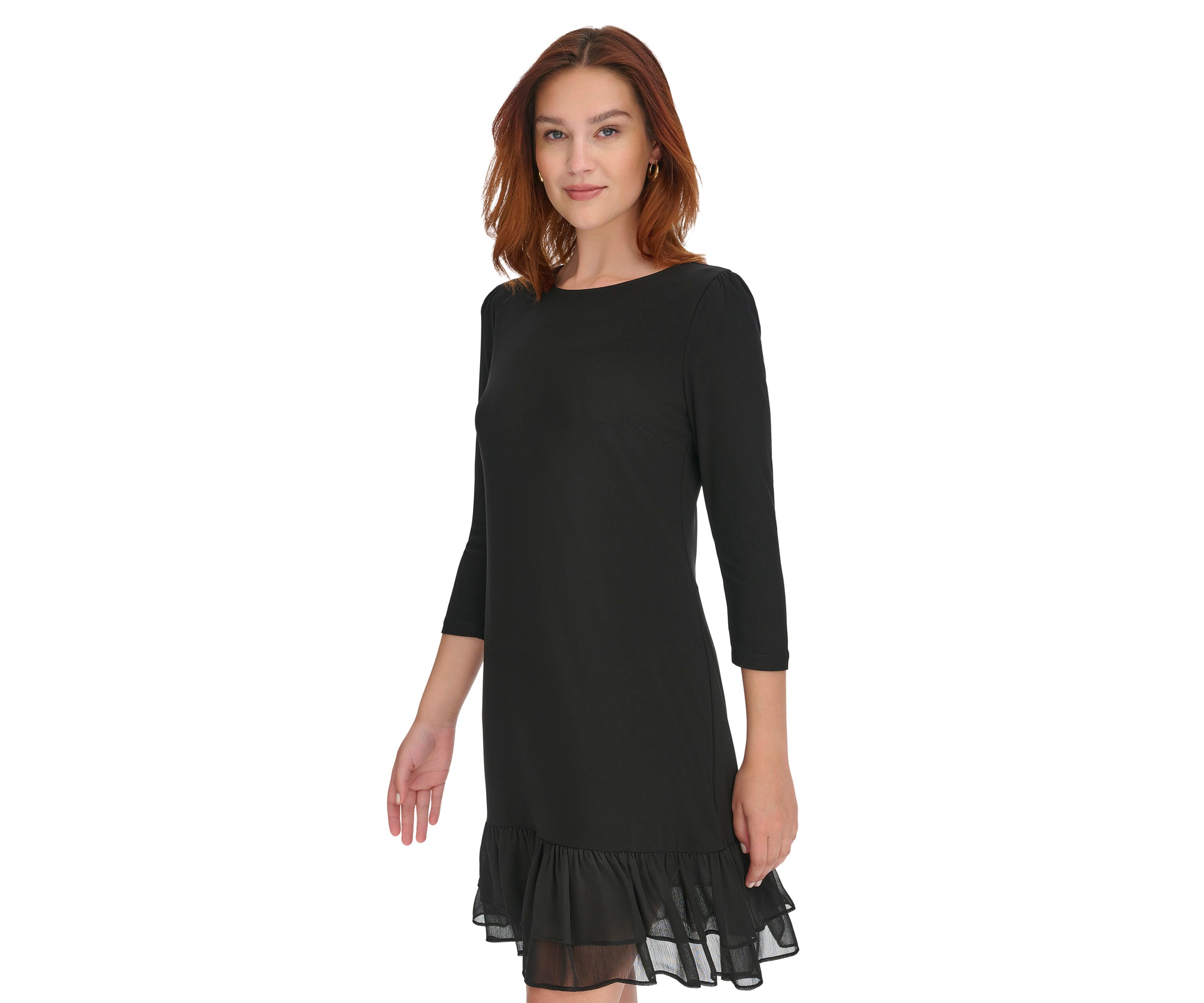 Womens 3/4 Sleeve Jersey Shift Dress with Chiffon Ruffle Hem