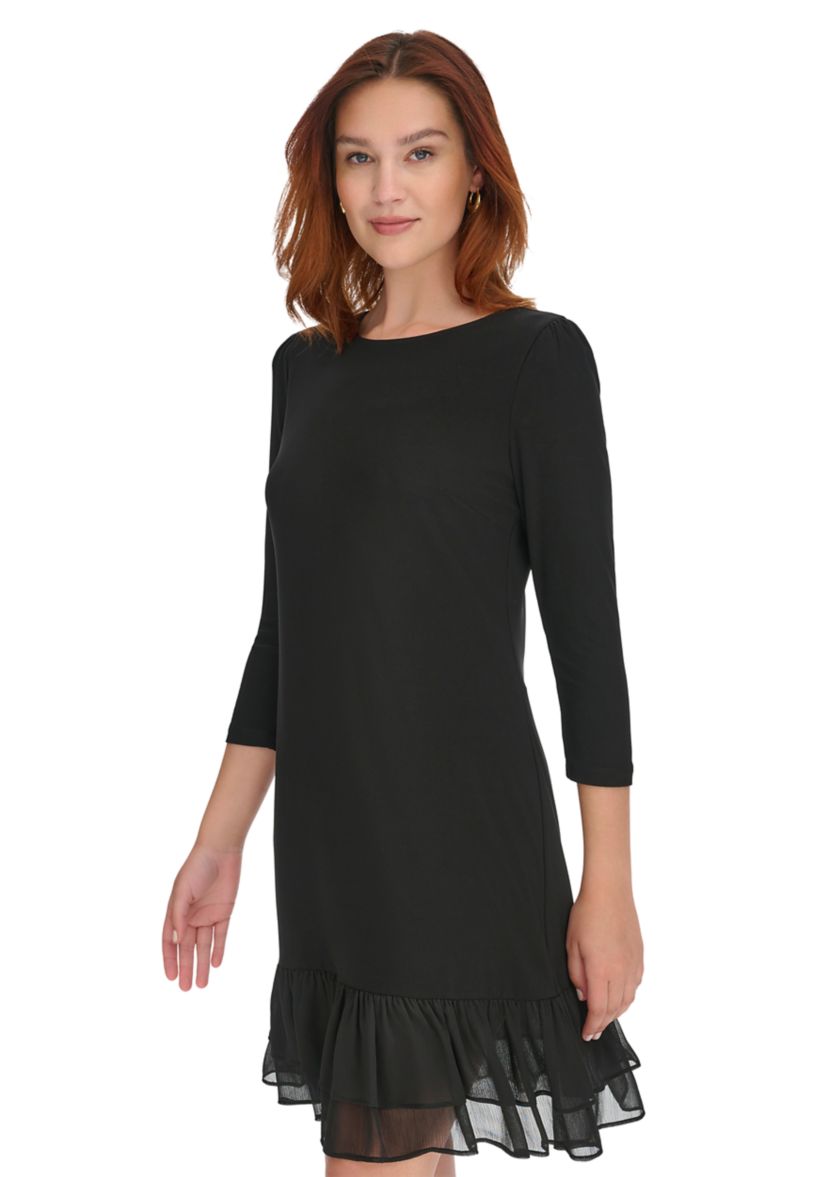 Womens 3/4 Sleeve Jersey Shift Dress with Chiffon Ruffle Hem