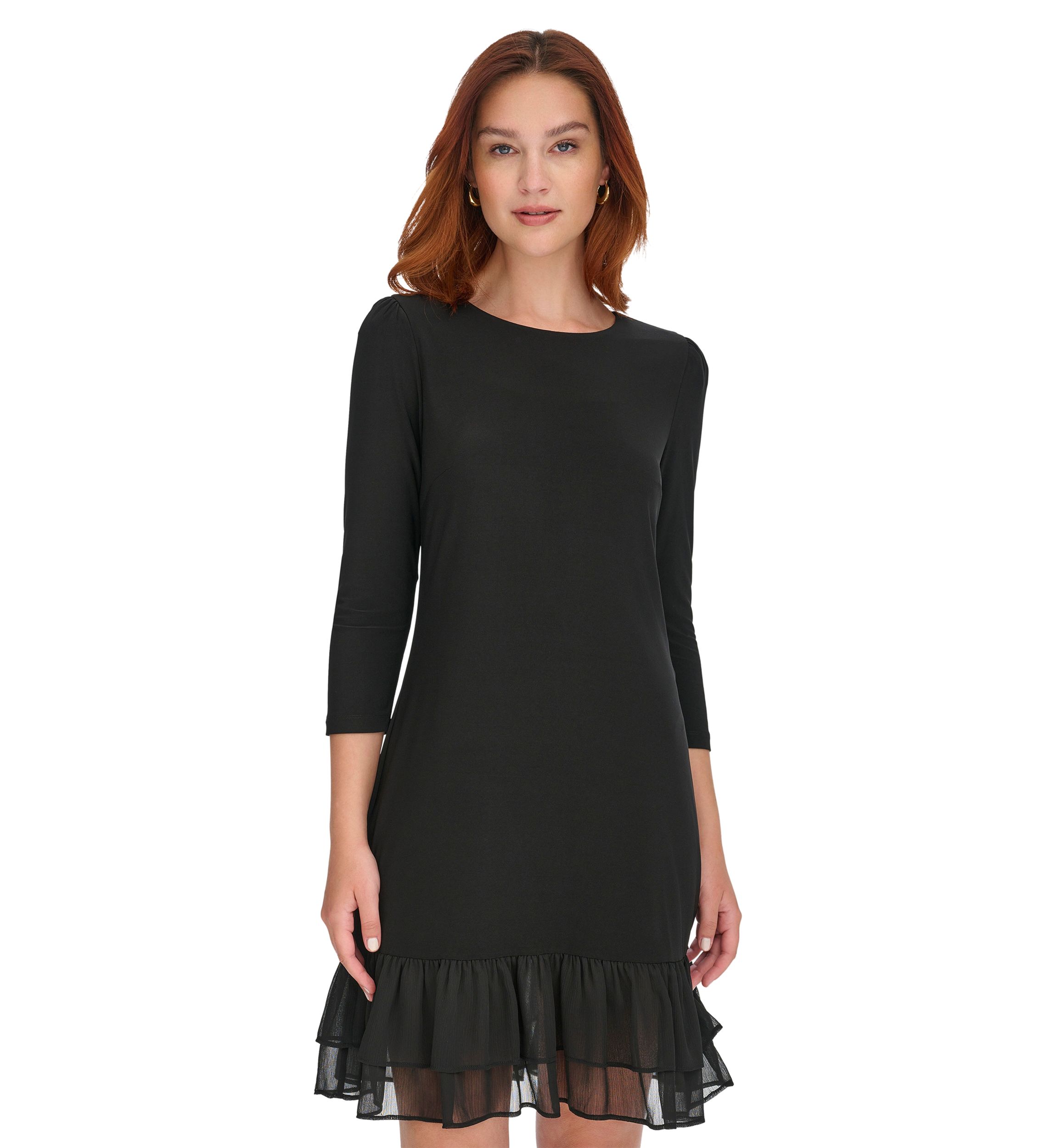 Womens 3/4 Sleeve Jersey Shift Dress with Chiffon Ruffle Hem