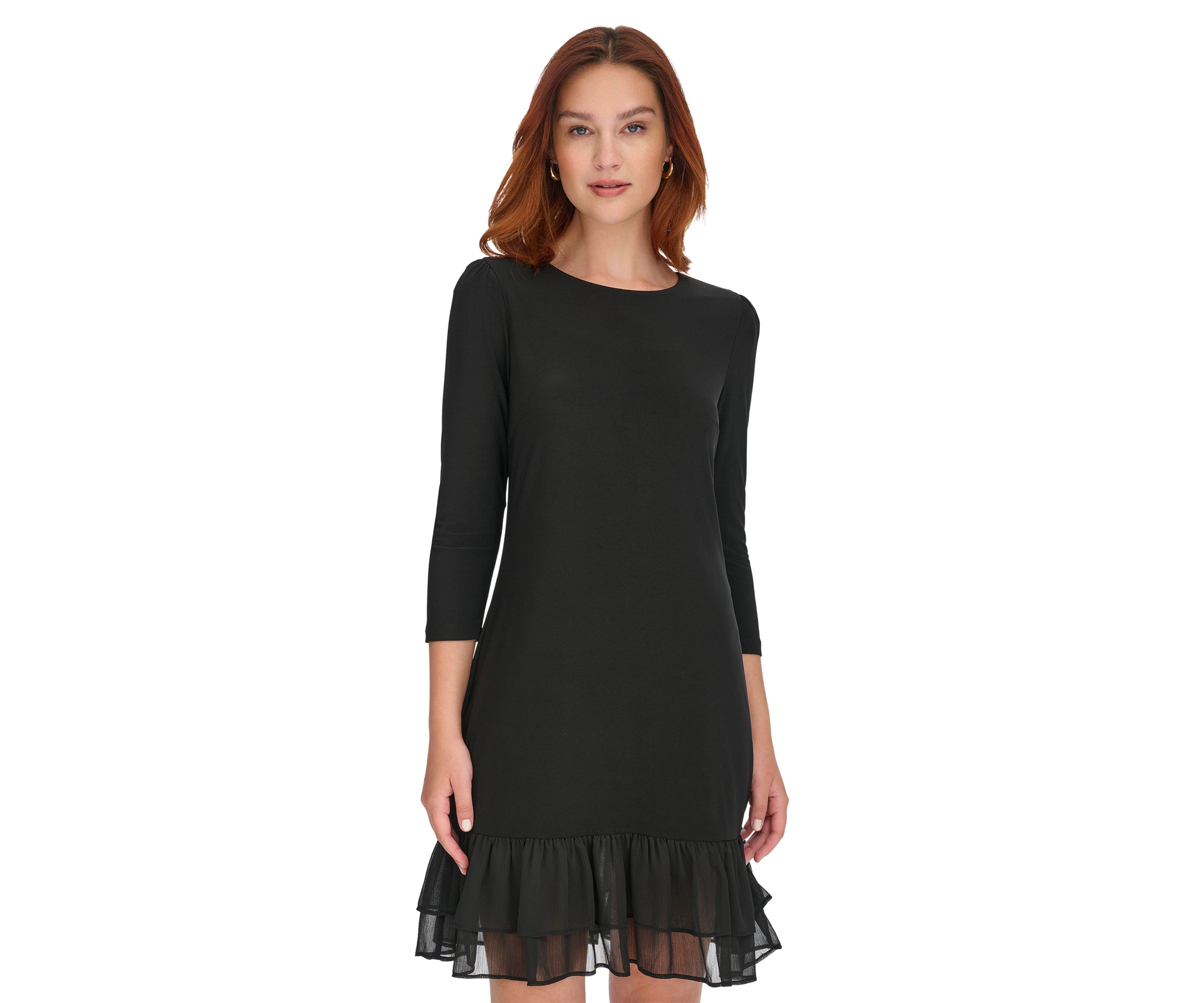 Womens 3/4 Sleeve Jersey Shift Dress with Chiffon Ruffle Hem