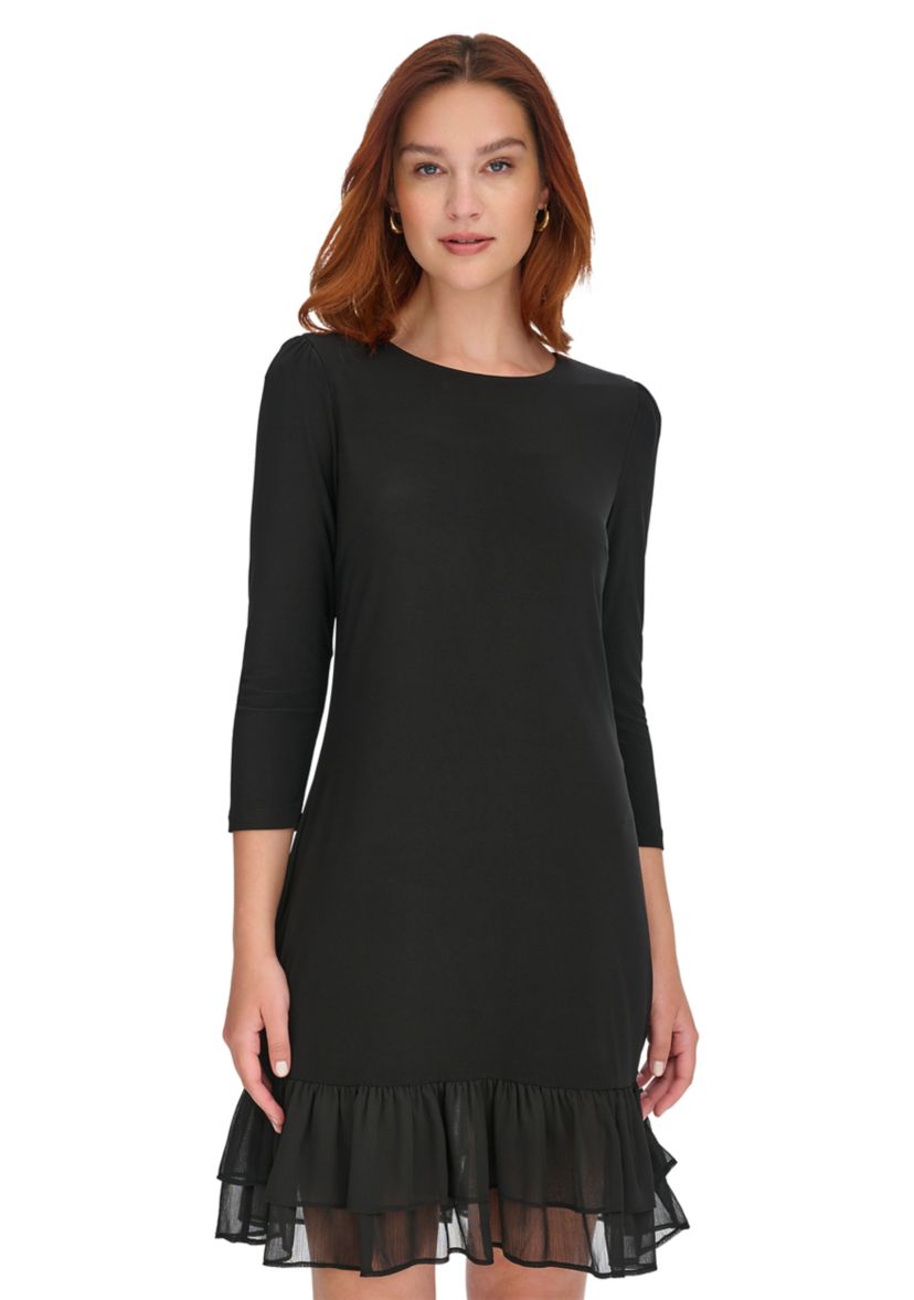 Womens 3/4 Sleeve Jersey Shift Dress with Chiffon Ruffle Hem