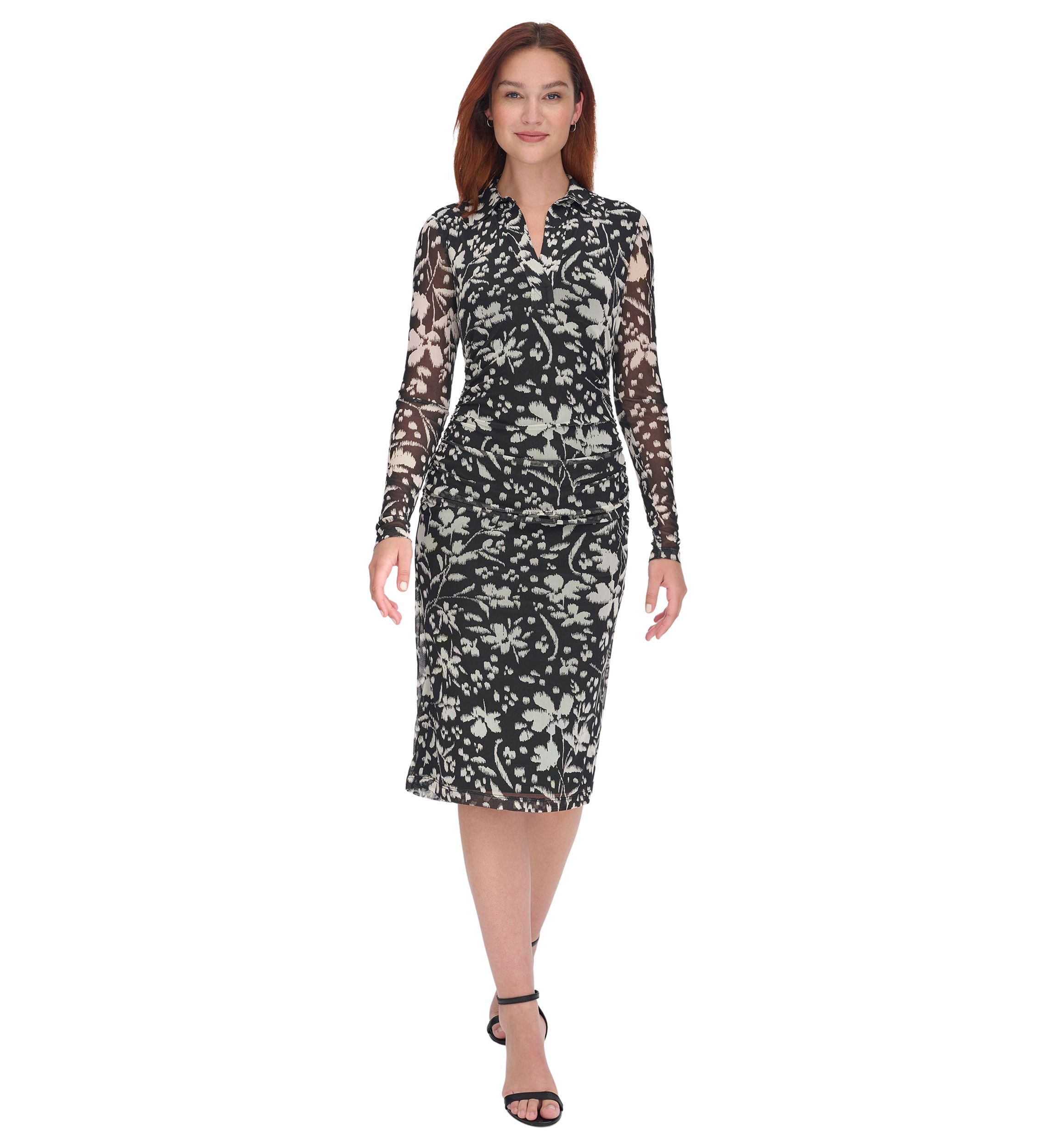 Womens Long Sleeve Side Ruched Floral Mesh Shirtdress