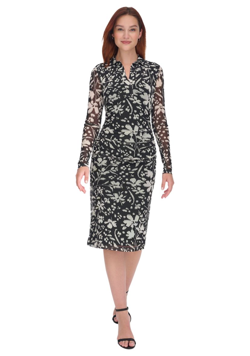 Womens Long Sleeve Side Ruched Floral Mesh Shirtdress