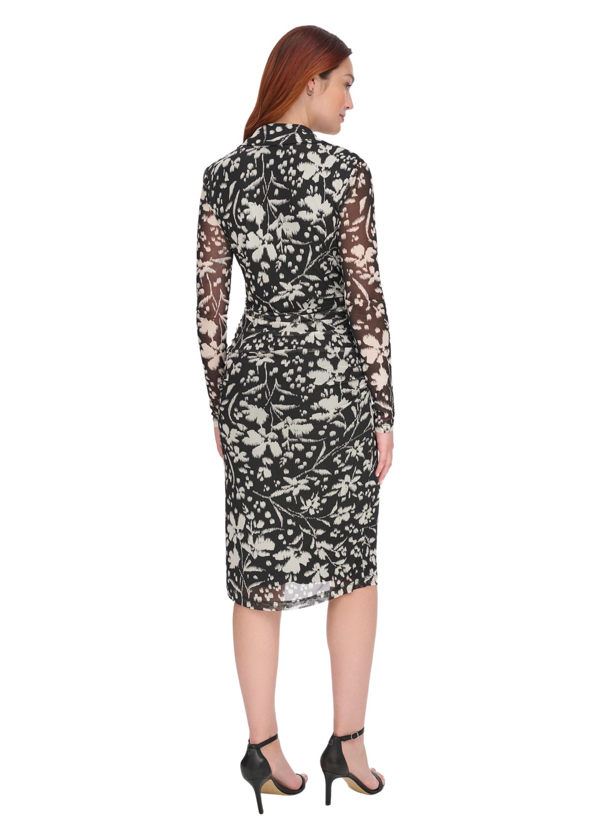 Womens Long Sleeve Side Ruched Floral Mesh Shirtdress