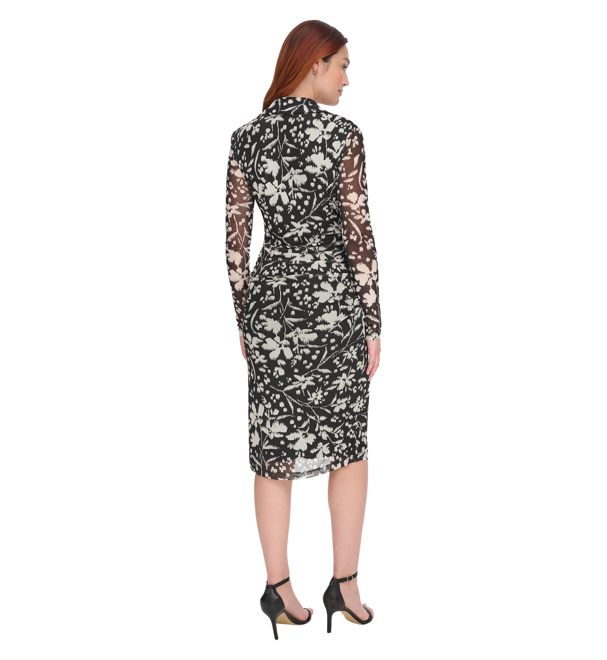 Womens Long Sleeve Side Ruched Floral Mesh Shirtdress
