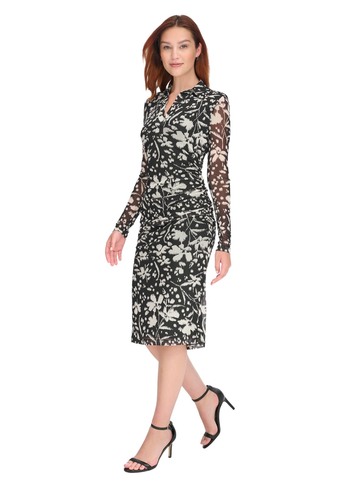 Womens Long Sleeve Side Ruched Floral Mesh Shirtdress