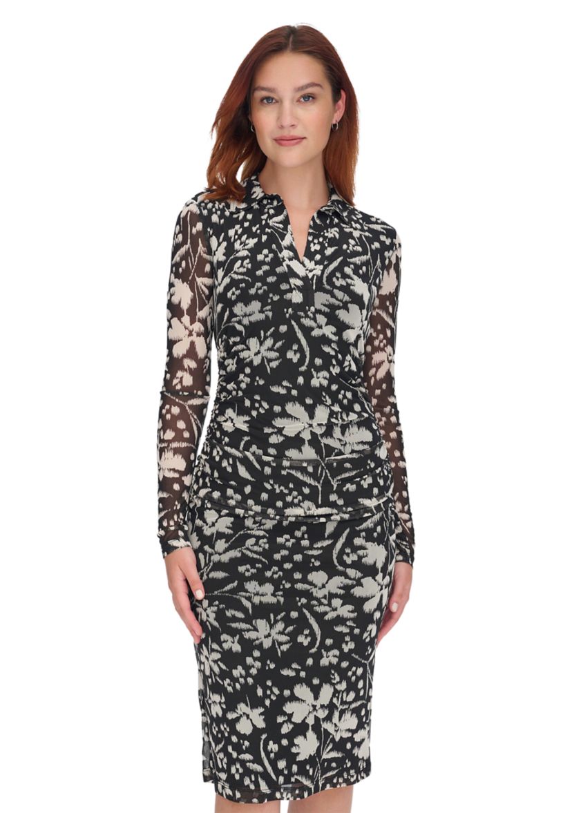 Womens Long Sleeve Side Ruched Floral Mesh Shirtdress