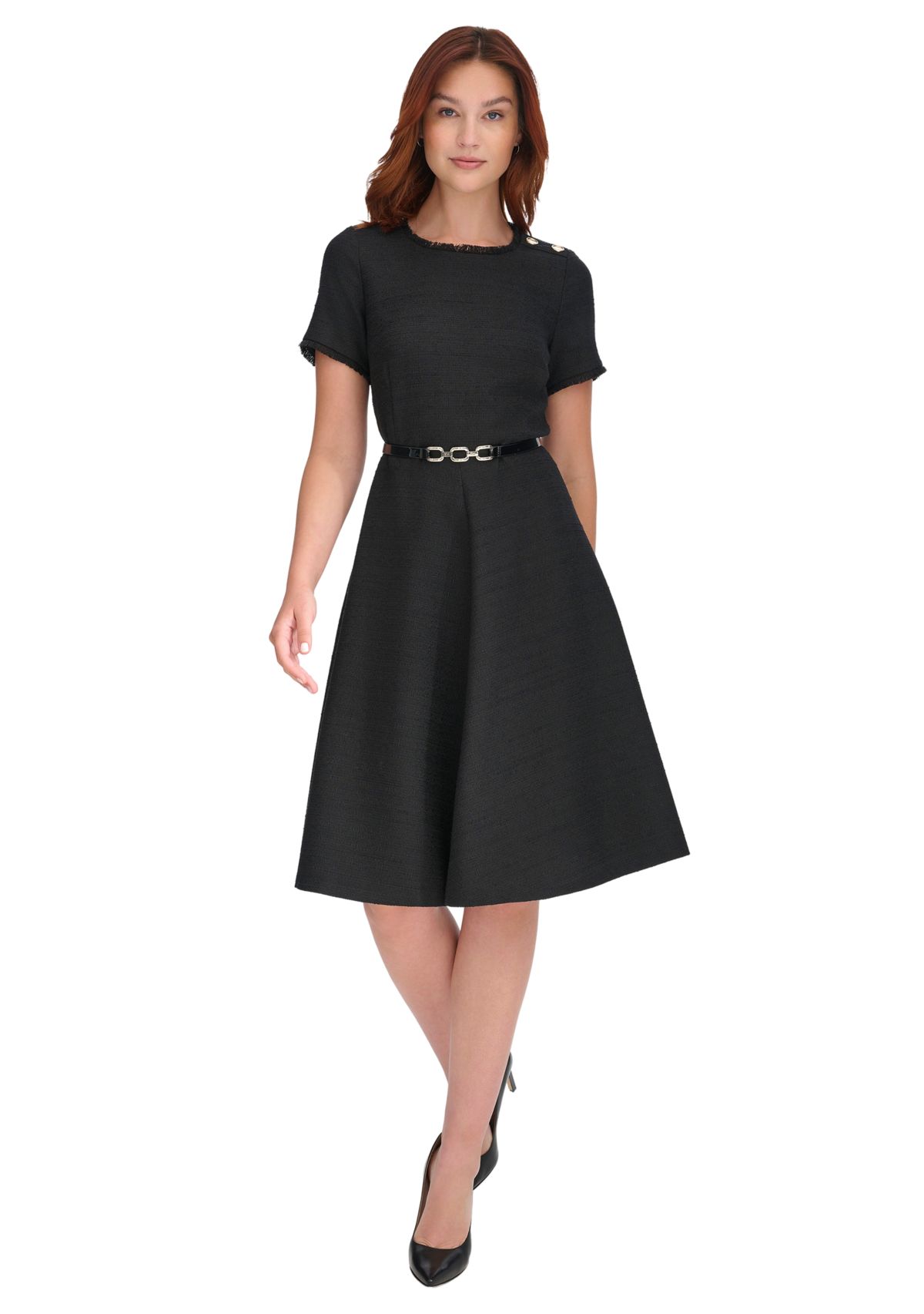 Womens Short Sleeve Button Shoulder Belted Boucle Fit and Flare Dress