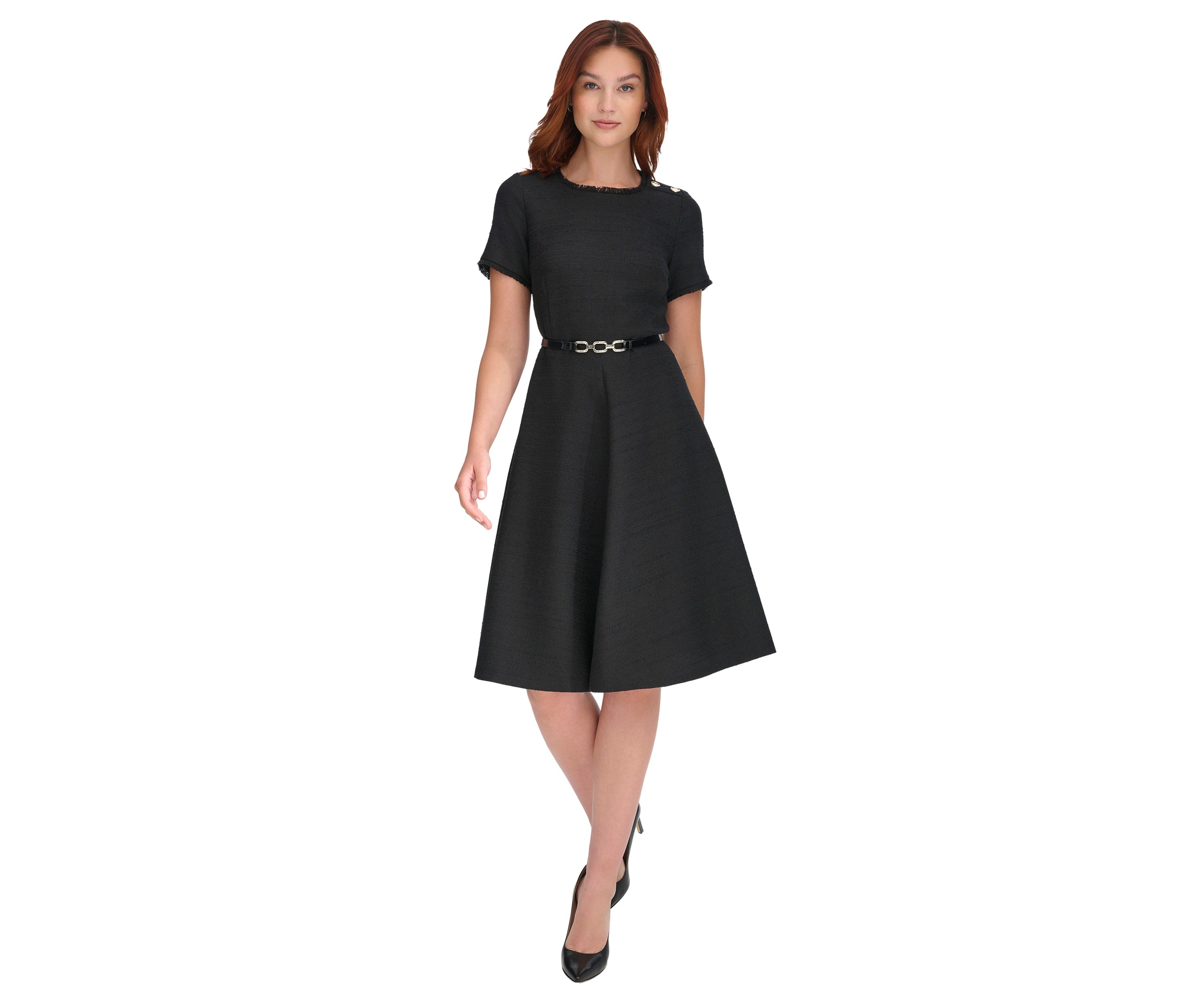 Womens Short Sleeve Button Shoulder Belted Boucle Fit and Flare Dress