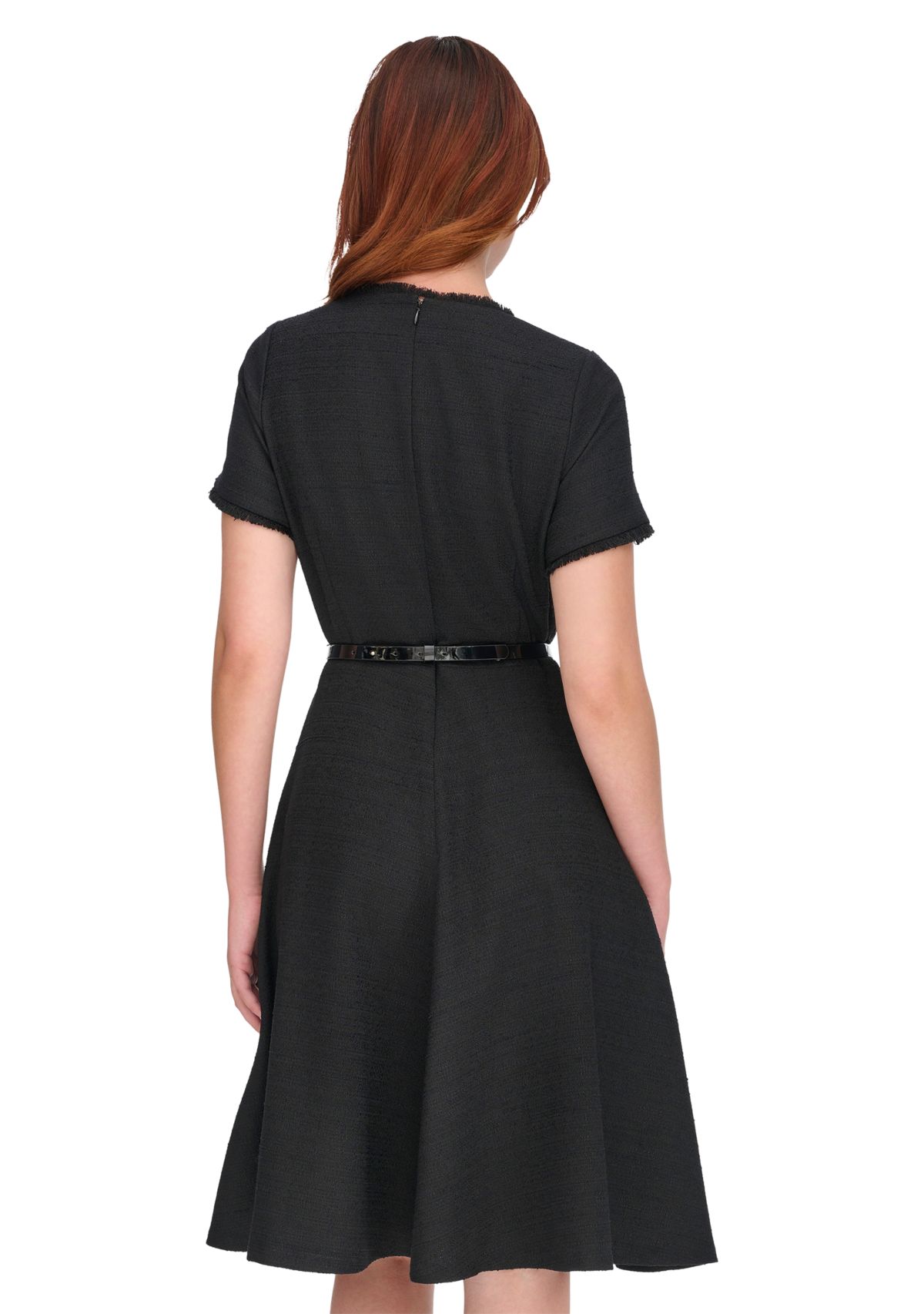 Womens Short Sleeve Button Shoulder Belted Boucle Fit and Flare Dress