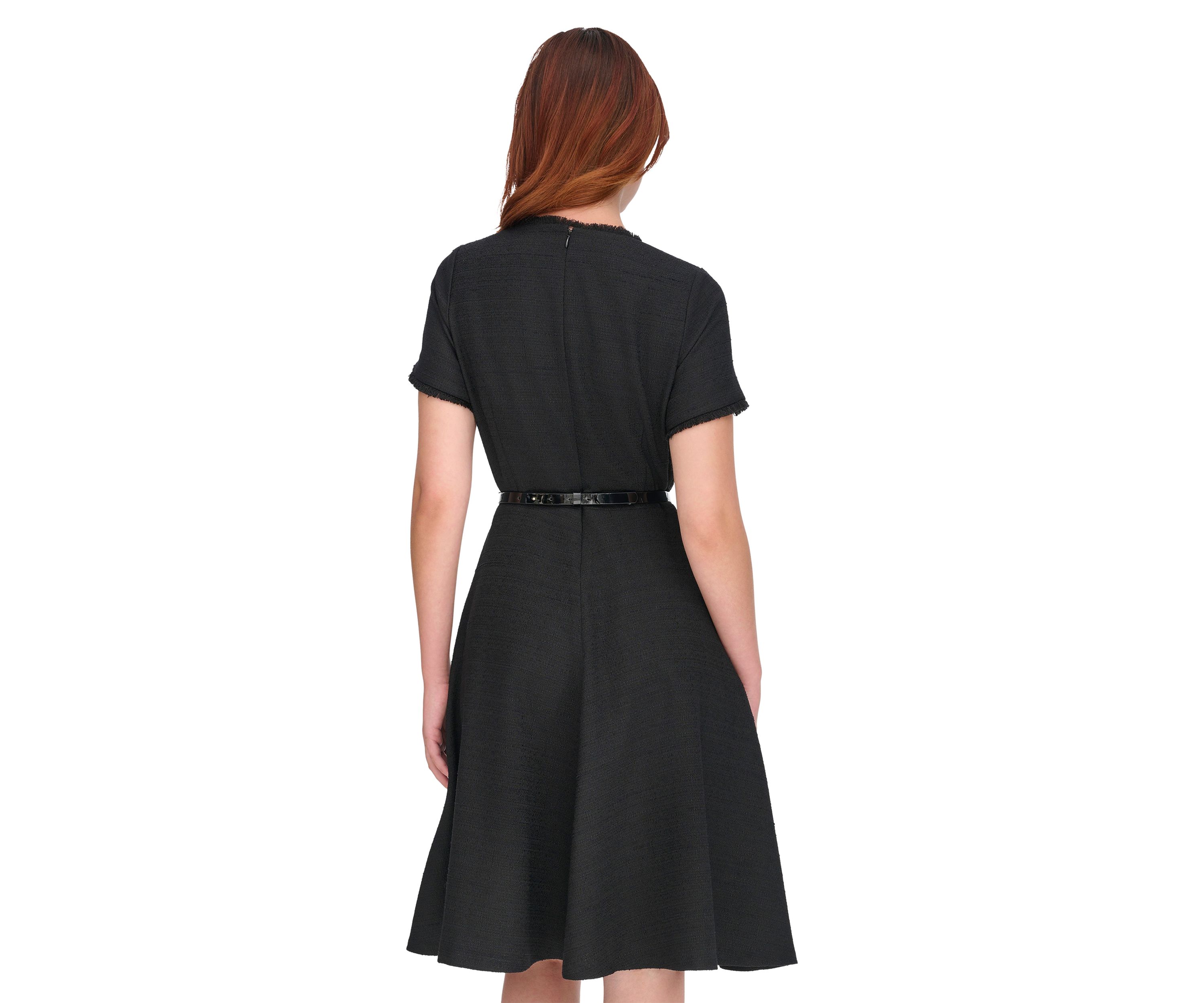 Womens Short Sleeve Button Shoulder Belted Boucle Fit and Flare Dress