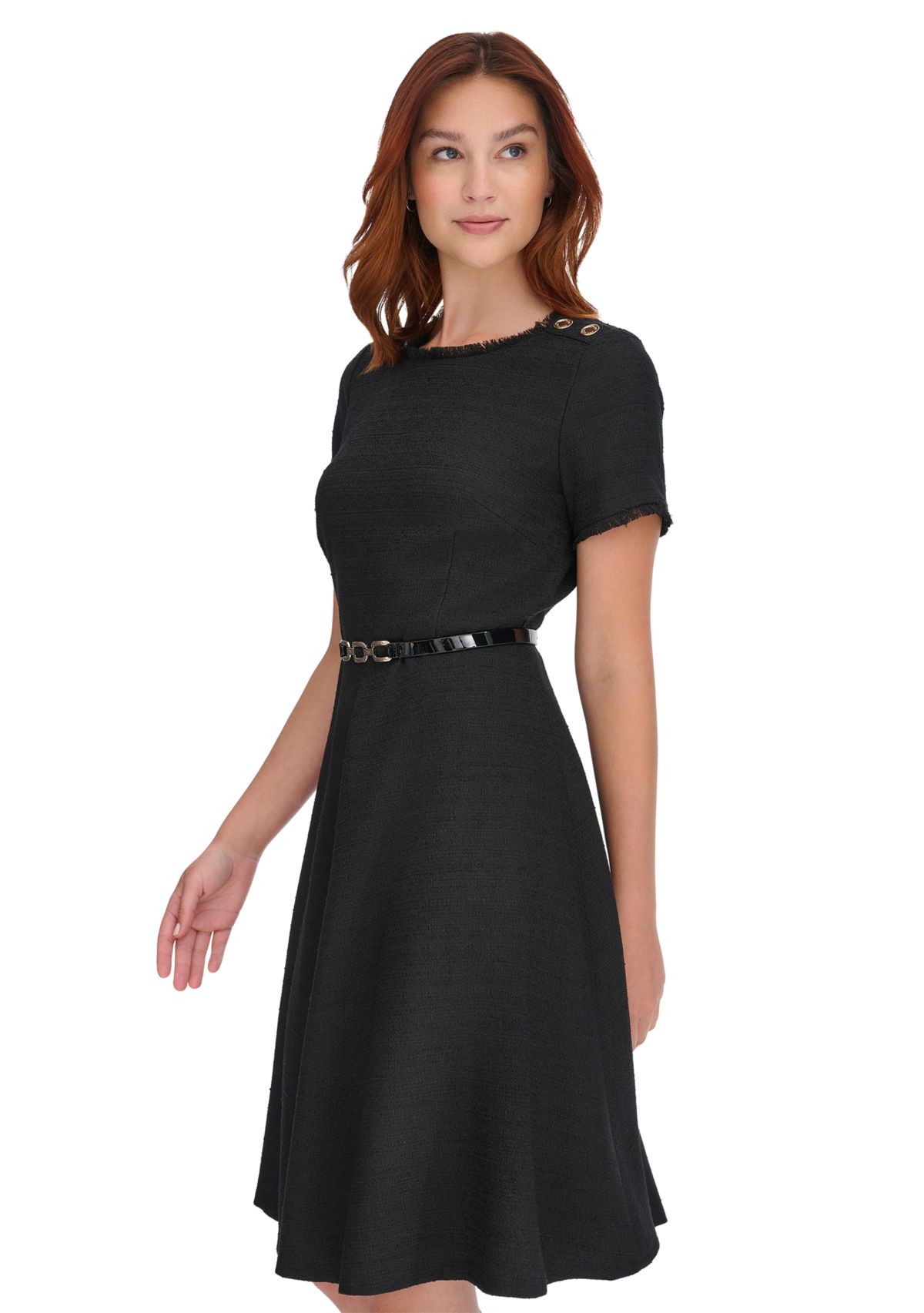 Womens Short Sleeve Button Shoulder Belted Boucle Fit and Flare Dress