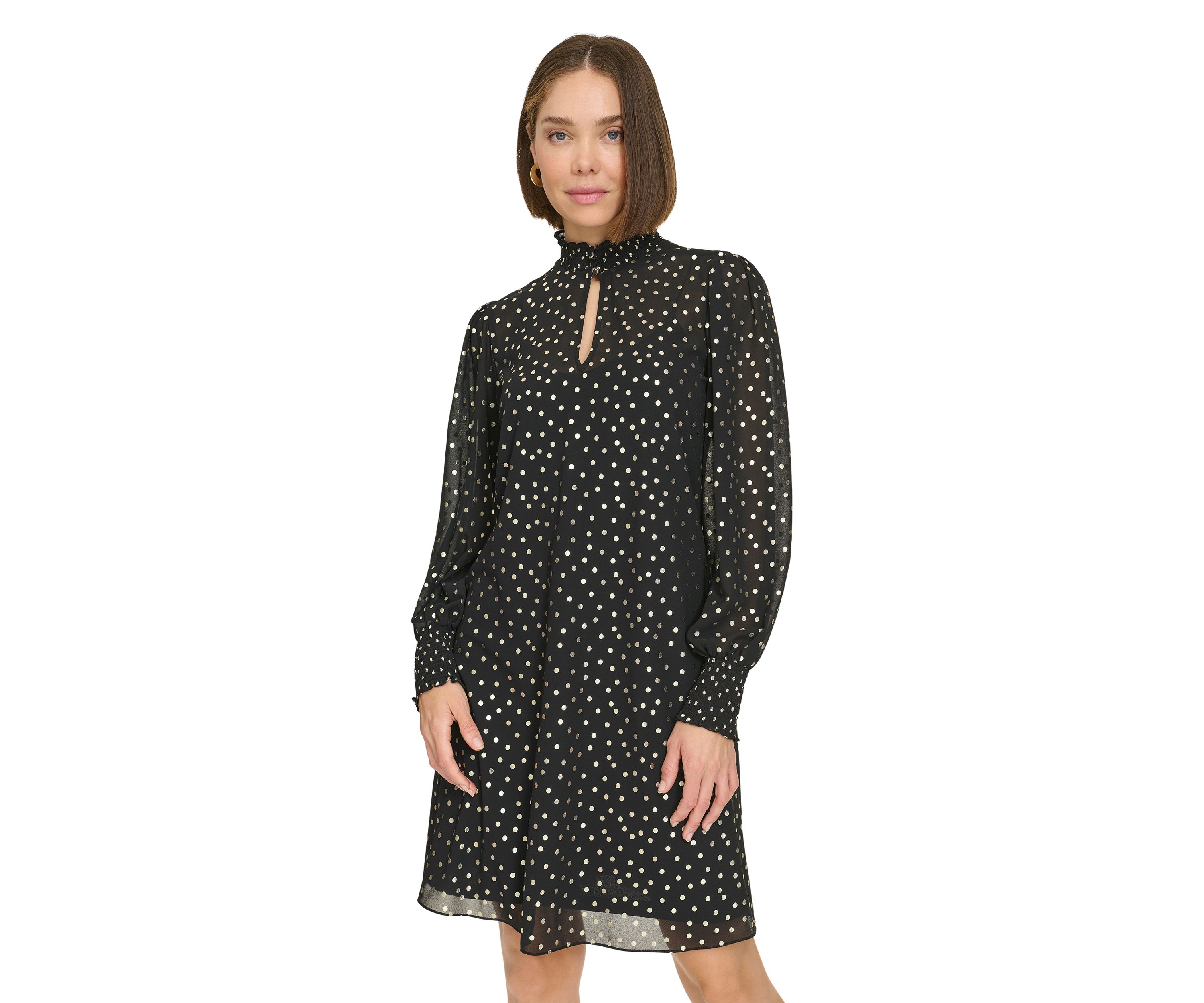 Womens Keyhole Smocked Neck and Cuff Chiffon Shift Dress