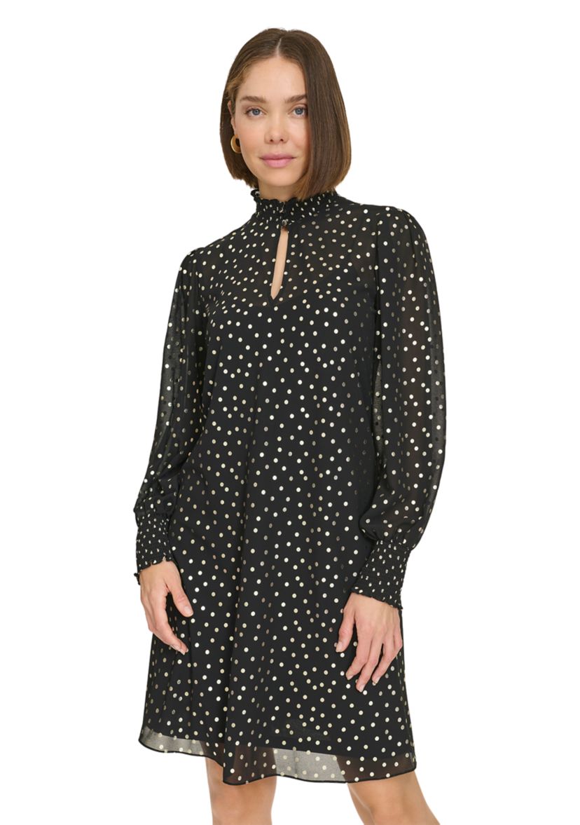 Womens Keyhole Smocked Neck and Cuff Chiffon Shift Dress